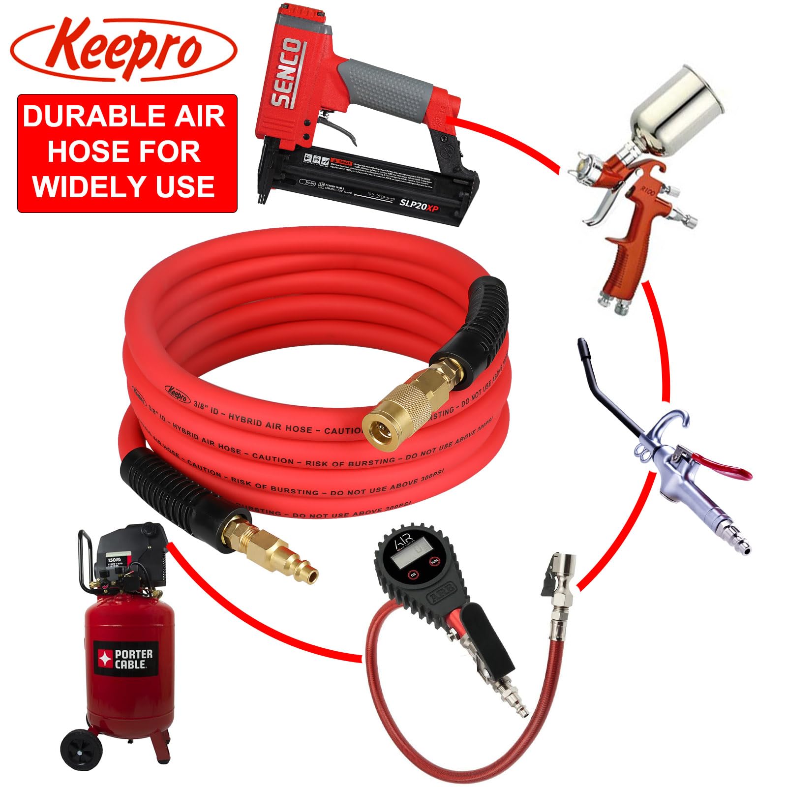 Keepro 50ft Air Compressor Hose - 3/8" ID, 300 PSI, Red Rubber With Swivel Couplers