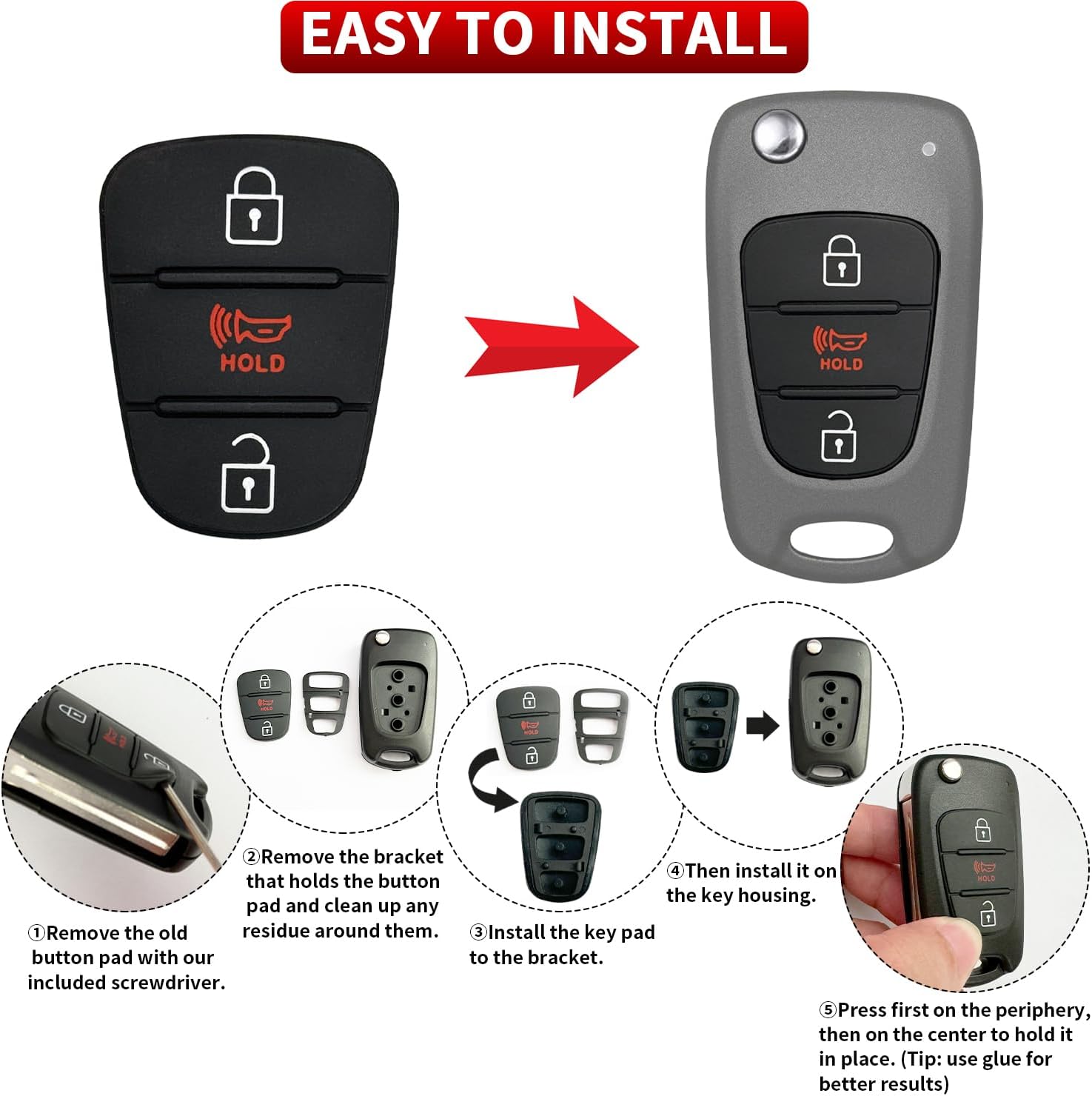 Key Fob Button Pad Replacement for Kia Soul 2013 2012 2011 2010 / Kia Rio / Kia Sportage 2012-2014 Car Keyless Entry Remote Control 3 Button Rubber Cover Flip Key Fob Case Shell Insert Keypad - 2 Pack