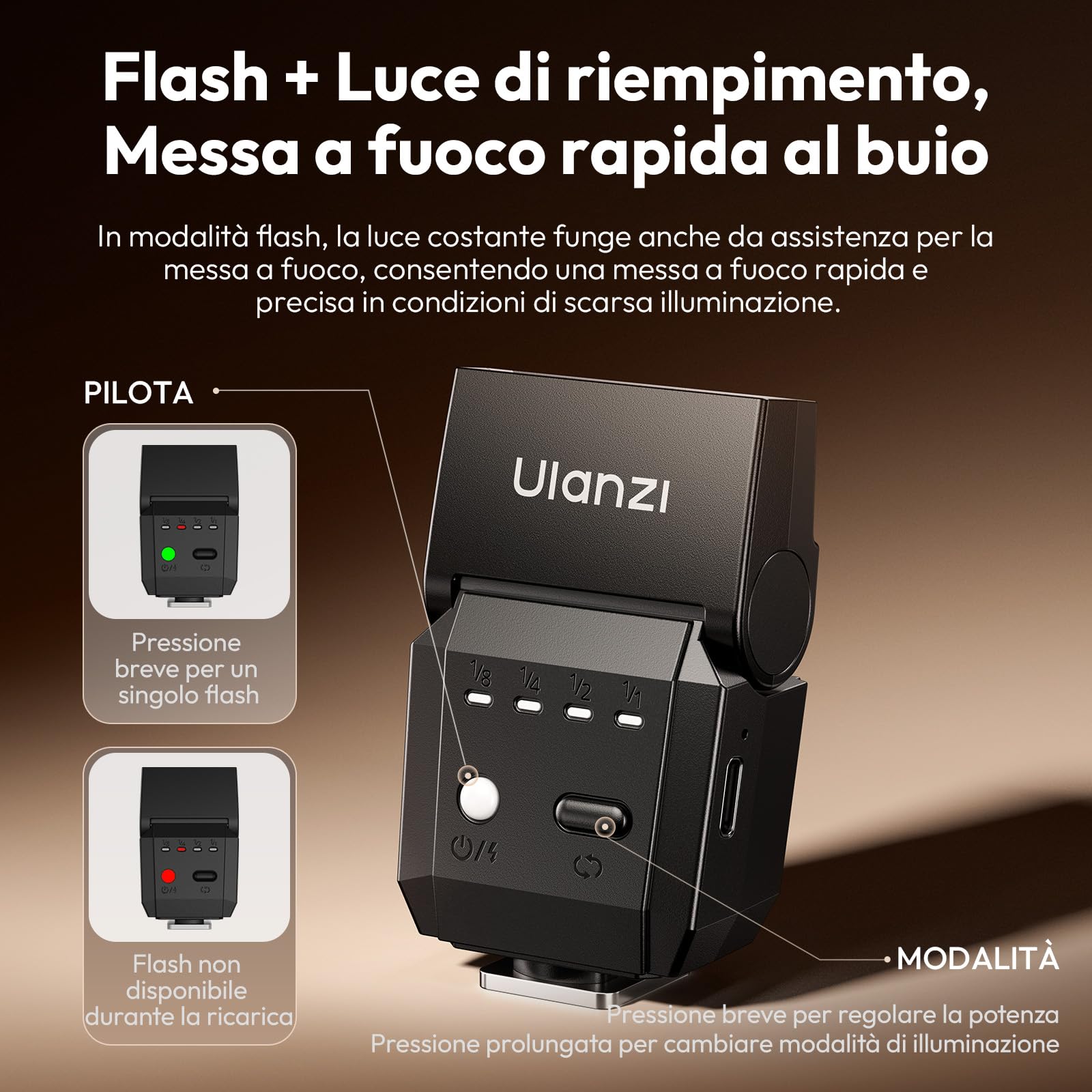 ULANZI SL03 Mini flash Speedlite GN8 6500K Angolo 90° regolabile per fotocamera