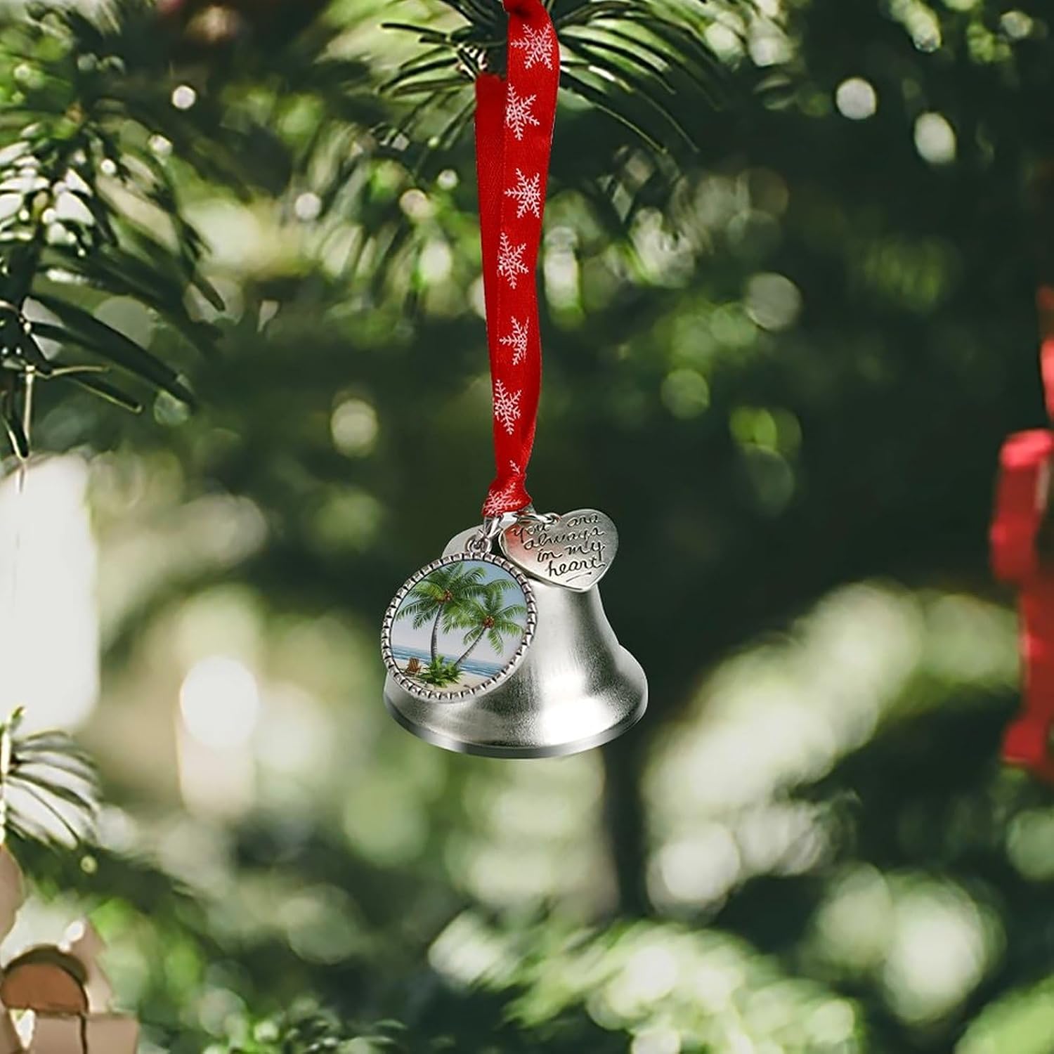 Tropical Palm Tree Christmas Bells Ornaments with Wings & Heart Silver Bell Pendant for Christmas Tree Home Door Mantle Fireplace Decoration