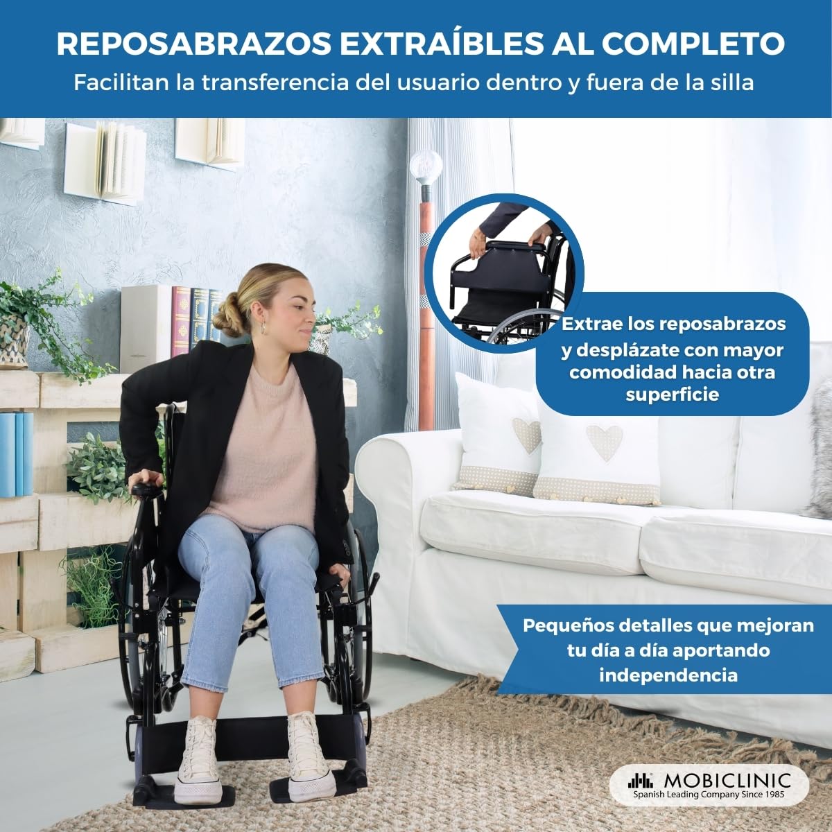 Mobiclinic®, Silla de ruedas plegable, Autopropulsada, Reposabrazos extraíbles y acolchados, Reposapiés abatibles, Catedral, Freno manual, Sistema subebordillos, Antipinchazos, Resistente