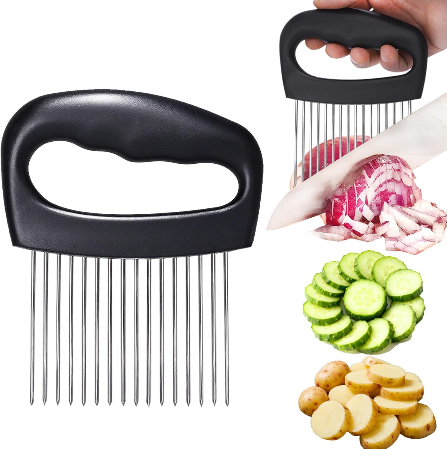 Hendiy Extra-Large Onion Holder for Slicing, Tomato Slicer with 16 Long Needles, Stainless Steel Onion Cutter Vegetable Chopper, Extra-Large Tomato Potato Slicer, Meat Tenderizer, Food Slicing Guide