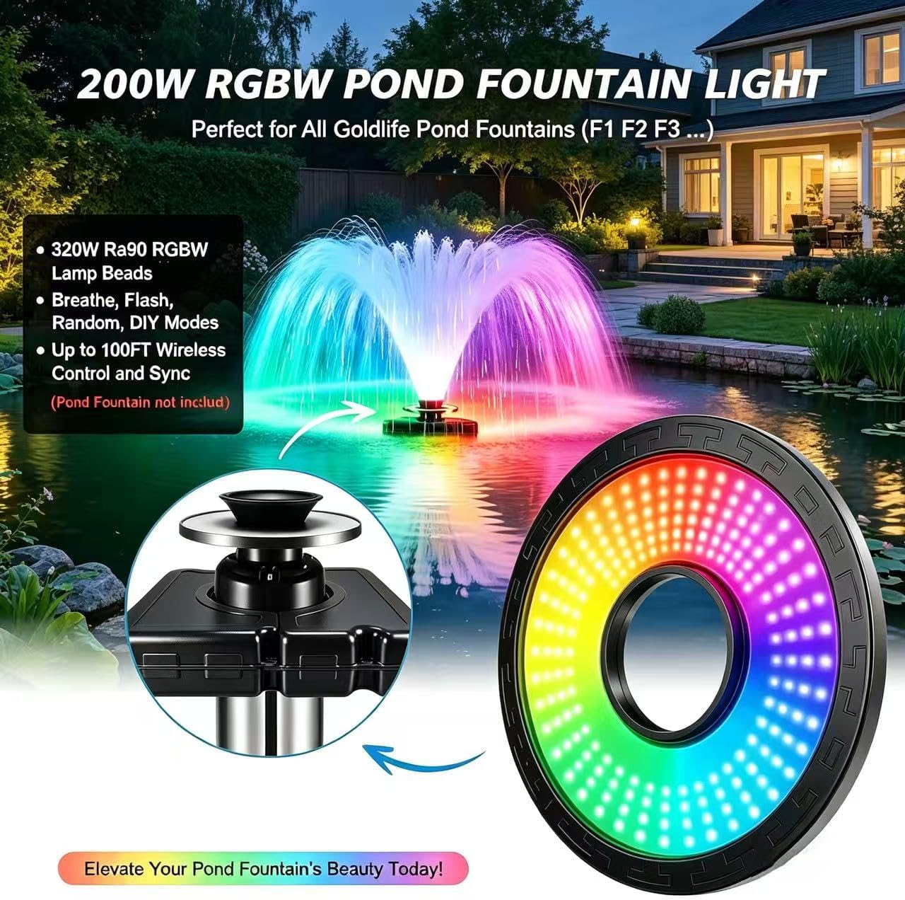 Pond Fountain Aerator,Pond Aerator,with Dynamic LED RGB Lighting Adjustable Modes, Digital Timer | 1 HP 15,000 GPH, 750W 110V, 100FT Cord - for Large Ponds, Lakes & Outdoor Water Features