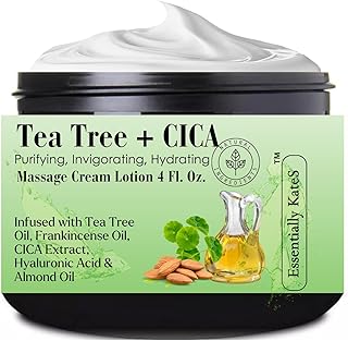 Essentially KateS Tea Tree 2.5% Body Cream Massage Lotions 4 oz, Infused with Centella Asiatica and Frankicensae Oil - Soothing, Hydrating, and Revitalizing - Fights Sore Muscle and Stiffness.