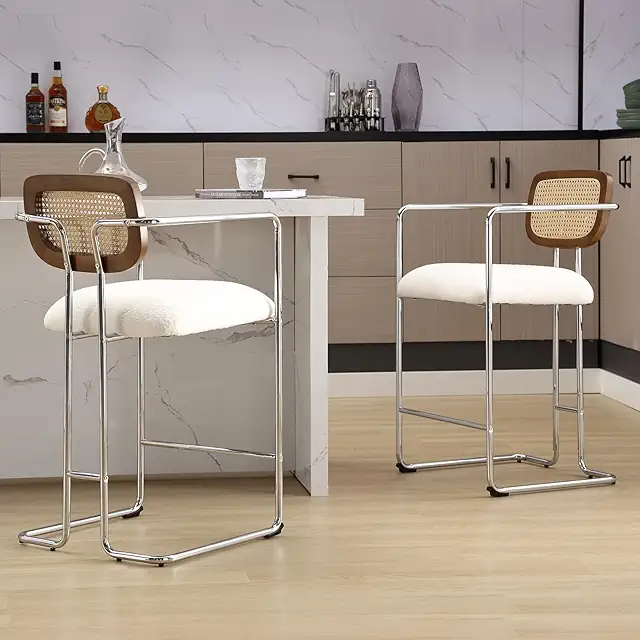Bar Stool Set of 2 with Rattan Backrest - Modern Faux Fur Kitchen Stools (White)