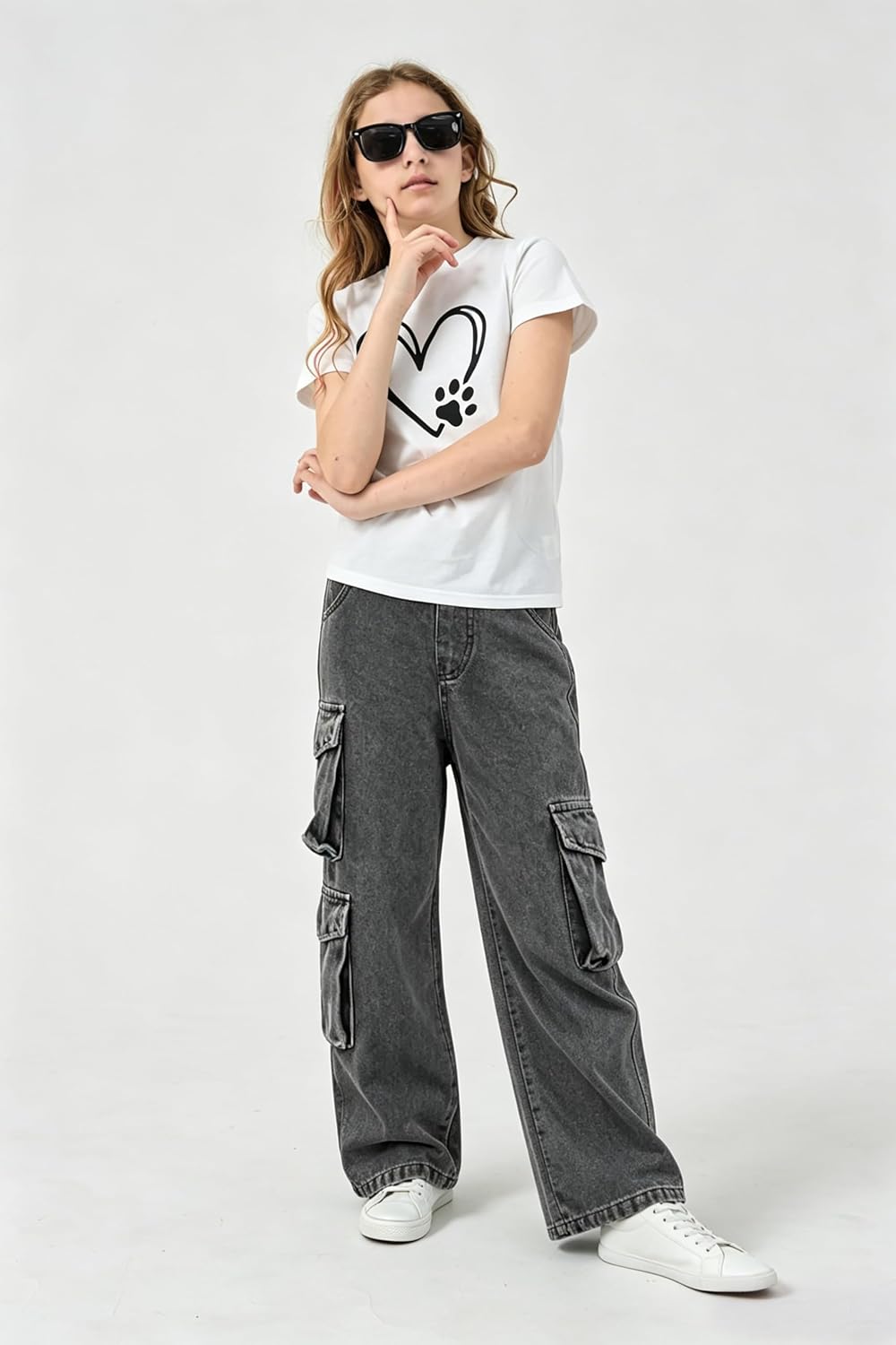 AOWKULAE Girls Jeans Baggy Elastic Waist Wide Leg Denim Pants Kids Jeans 4-14 Years