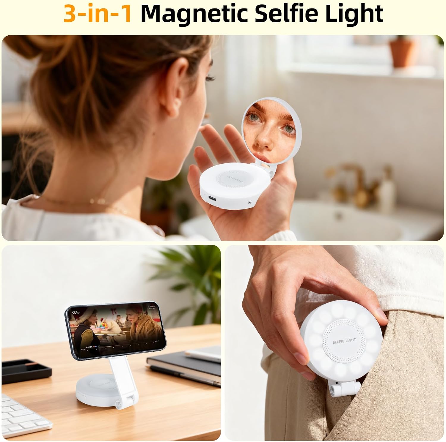 Magnetic Selfie Light for iPhone with Mirror Foldable Magnetic Fill Light with Sticky Ring for Android Rechargeable Portable Phone Ring Lights for Selfies, Video, Makeup, Vlog, Tiktok, CRI95
