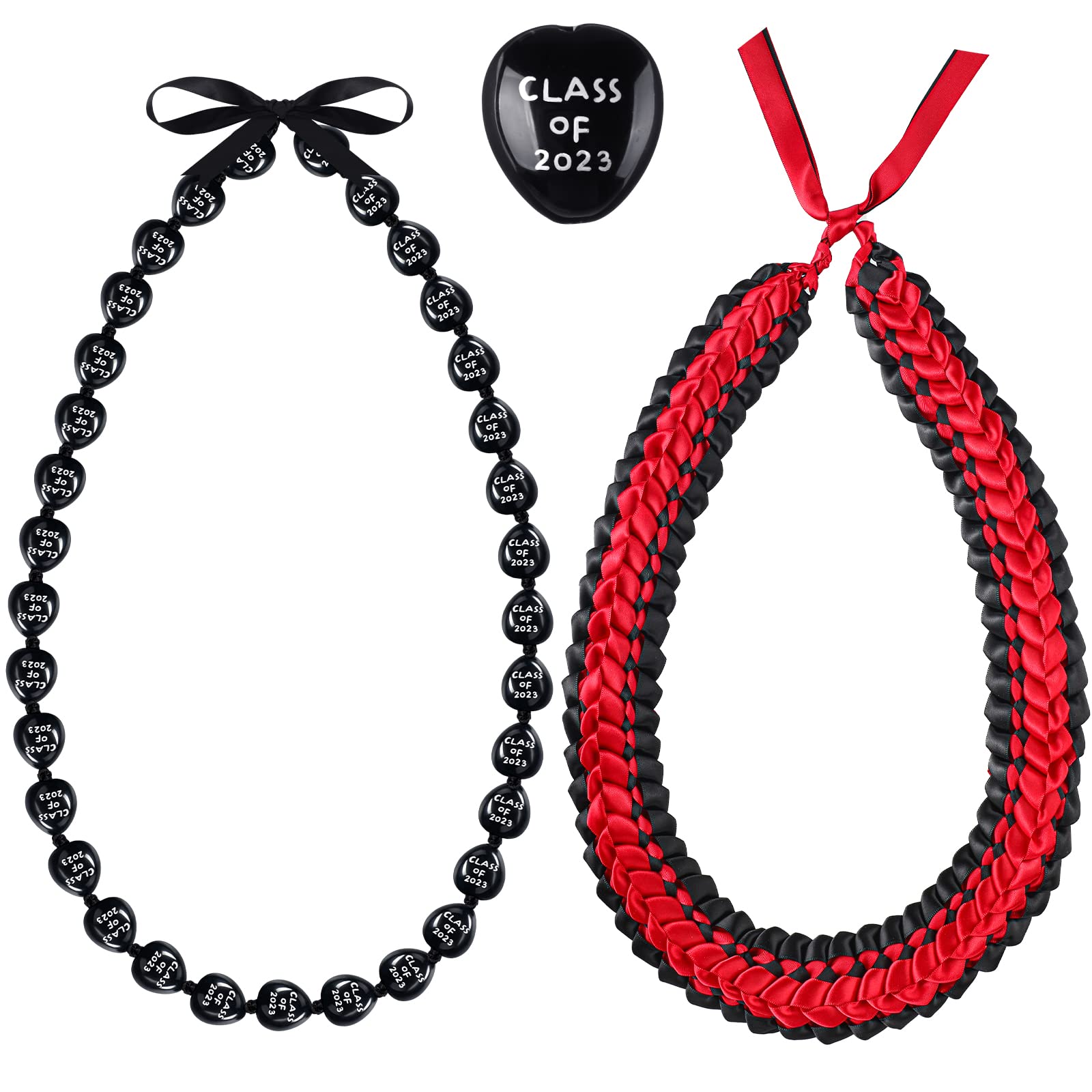 JunkinJunkin 2 Pcs Graduation Leis Class of 2025 Kukui Nut Leis Beads Necklaces Ribbon Hawaiian Necklace for Graduation Gift(Black, Red)