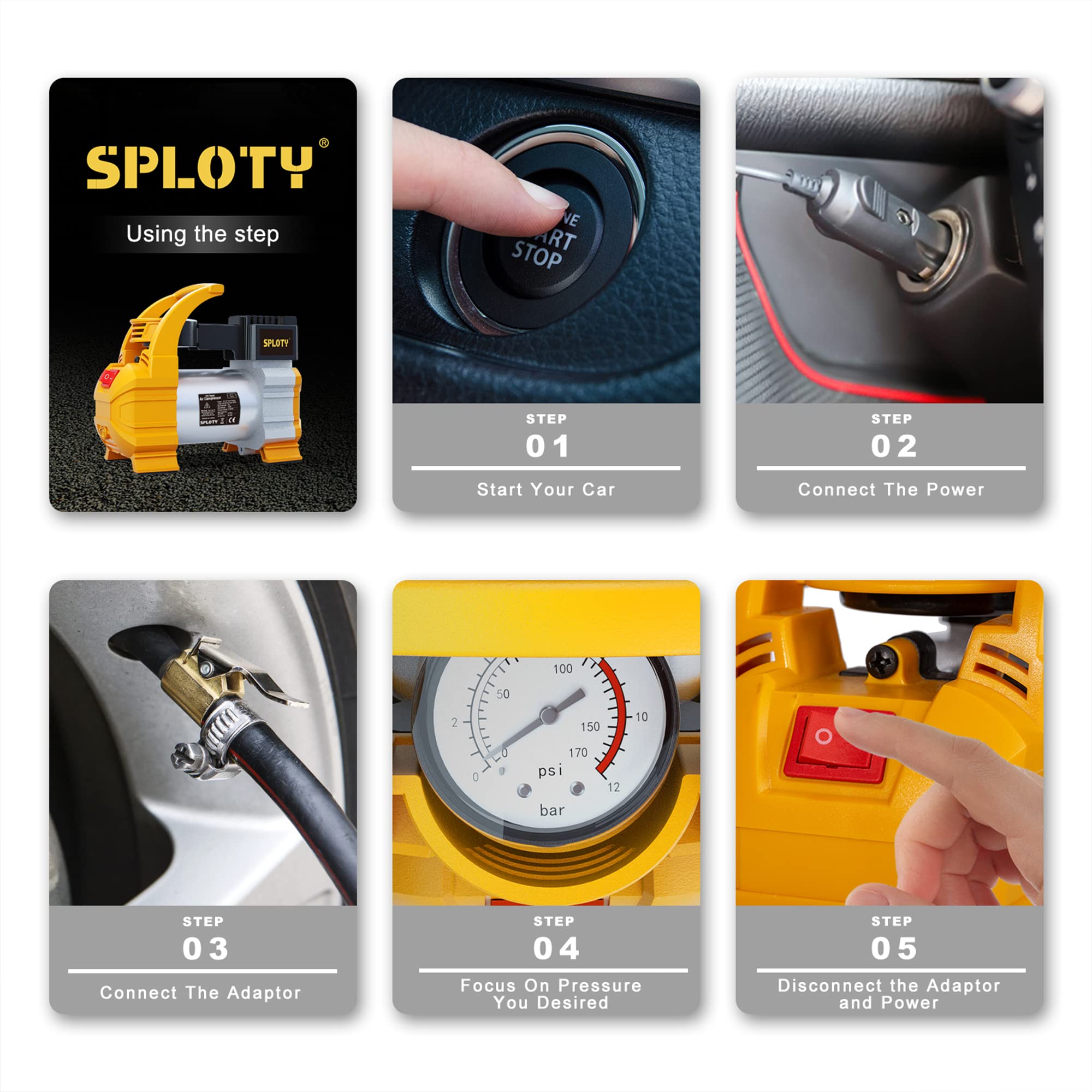 Buy SPLOTY Air Pump for Car Tires, 12V DC 140W Portable Tire Inflator