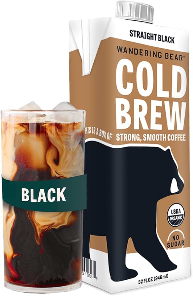 Wandering Bear Extra Strong Organic Cold Brew Coffee, Straight Black, 32 fl oz, 1 pack - Smooth, Organic, Unsweetened, Shelf-Stable, and Ready to Drink & Vegan Cold Brew. USDA Organic