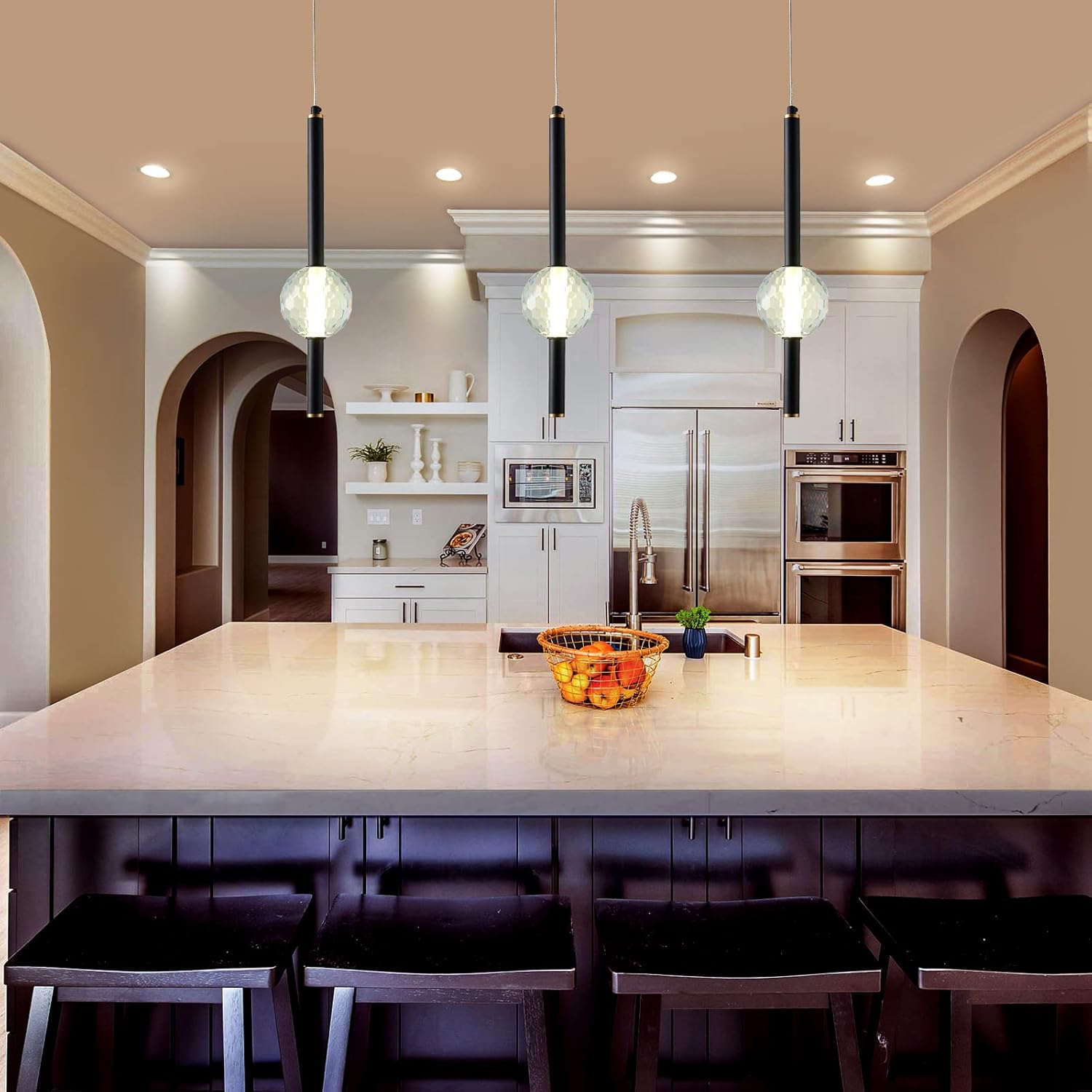 Kitchen Light Fixtures Ceiling Dimmable LED Modern Black Mini Pendant Lighting with Crystal Pendant Light for Kitchen Island Bedroom Hallway Entryway Black (3-Pack)