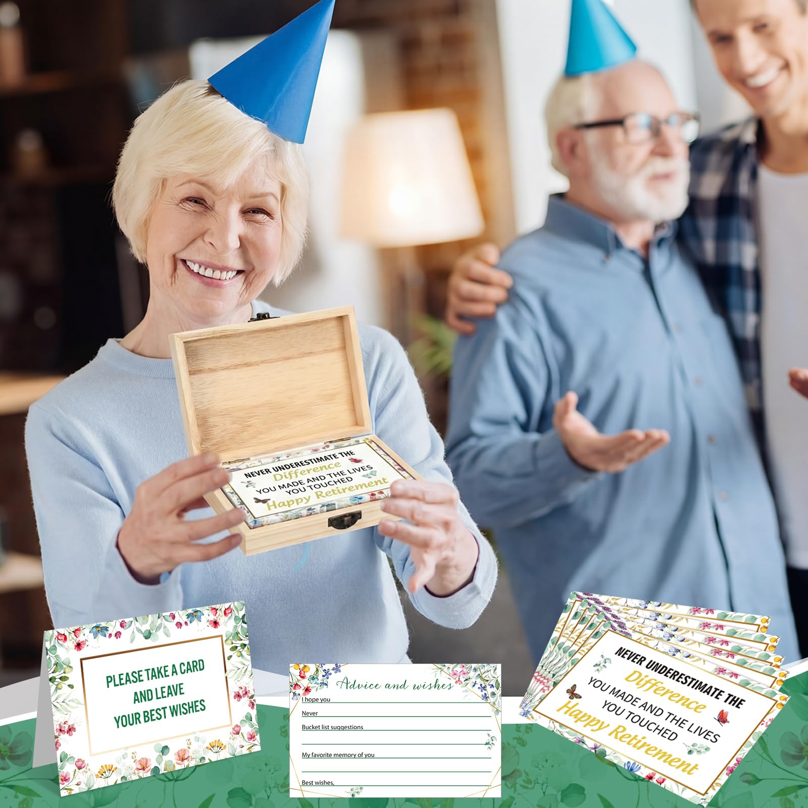 Novabright 62 tarjetas de caja de jubilación con texto en inglés "Greenery Happy Retirement Box", tarjetas de madera con letrero de mesa, consejo de deseos, felicitaciones, tarjeta de libro de