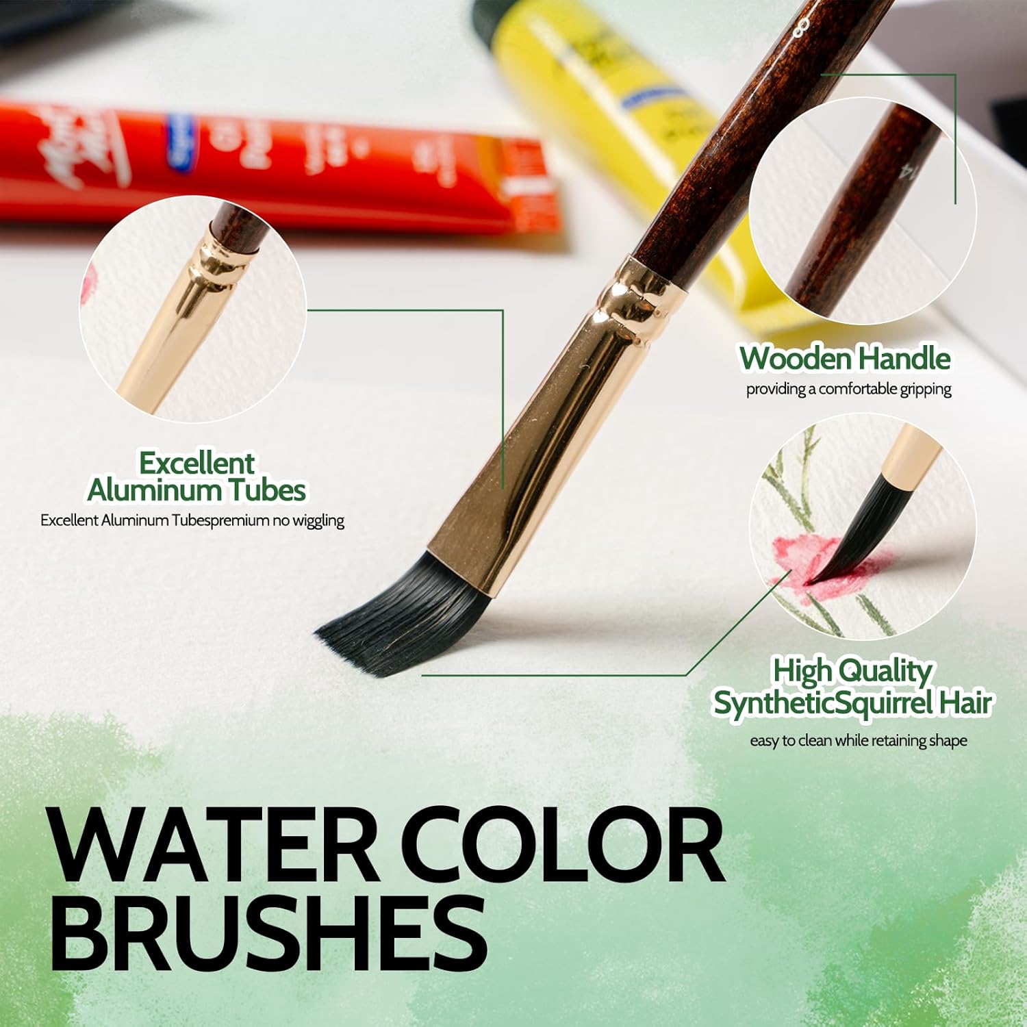 Watercolor Brushes, 12 Pieces Squirrel&Nylon Blend Hair Paint Brush for Artists Shed Resistant Pointed Round, Flat, Dagger, Cat's Tongue Professional Set for Watercolor, Gouache, Acrylic