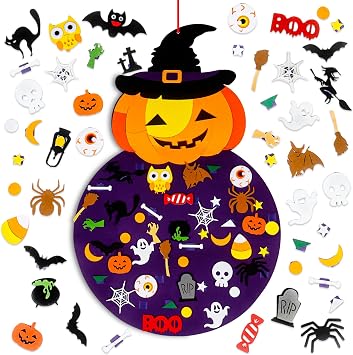 Tnoeuz DIY Halloween Felt Pumpkin Witch Hanging Decor Halloween Felt Crafts Kits Adhesive Ornaments Party Favors Home Wall Decorations Indoors Outdoors