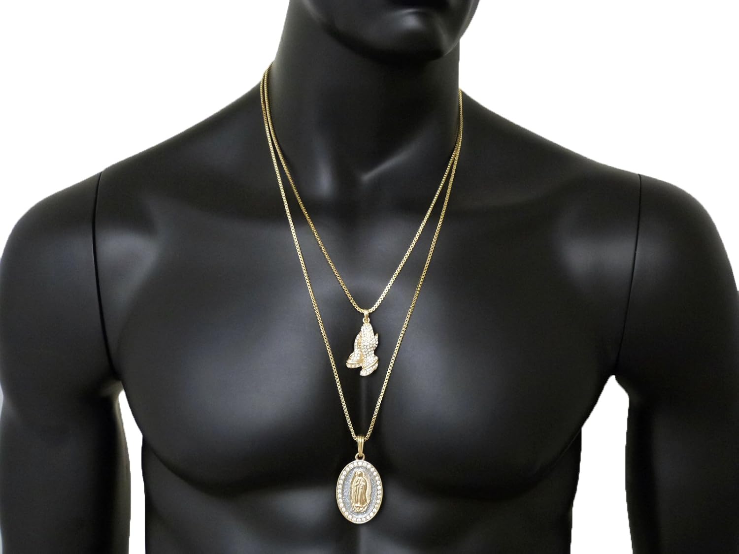 Fashion 21 Pray Hand, Virgin Mary Pendant 24,30 inches Box Chain 2 Necklace Set Gold, Silver 2 Tone (Oval Virgin Mary Set)
