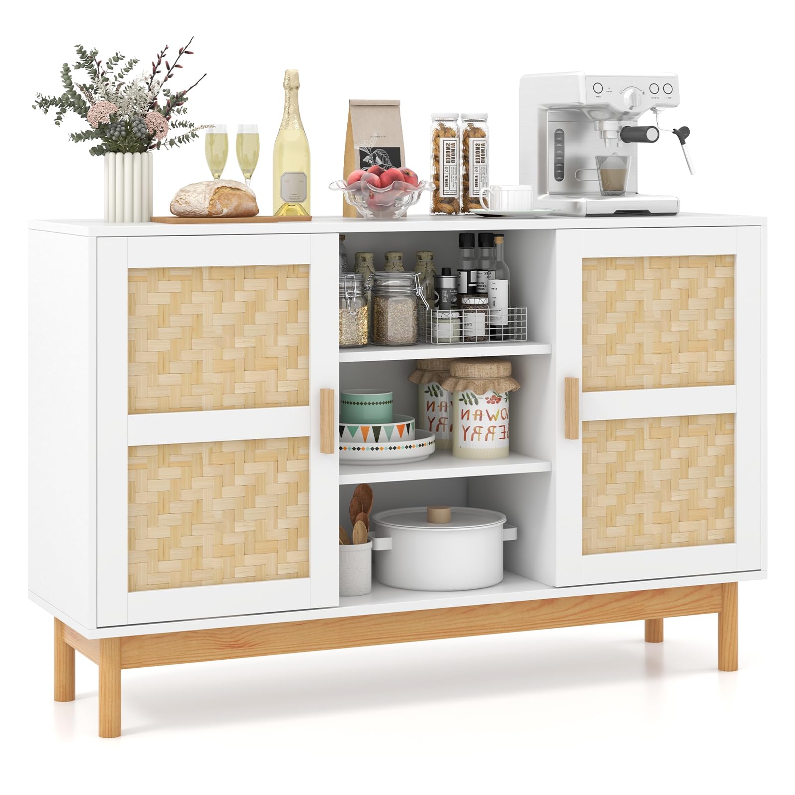 COSTWAY Credenza Buffet da Cucina, Mobile da Cucina con 2 Porte Intrecciate in Bambù, 3 Ripiani Aperti, per Cucina, Sala da Pranzo, Soggiorno e Ingresso, 120 x 35 x 78 cm