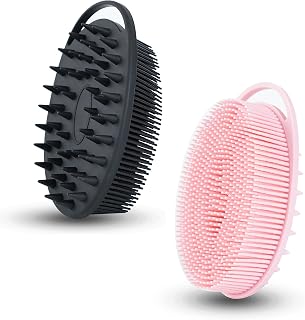 2 PC Oval Silicone Exfoliating Body Scrubber, 2 in 1 Silicone Body Shampoo Brush, Soft Silicone Loofah for Sensitive Skin, Shower Silicone Hair Scalp Massager, Easy to Clean, Lather Well (Black&Pink)