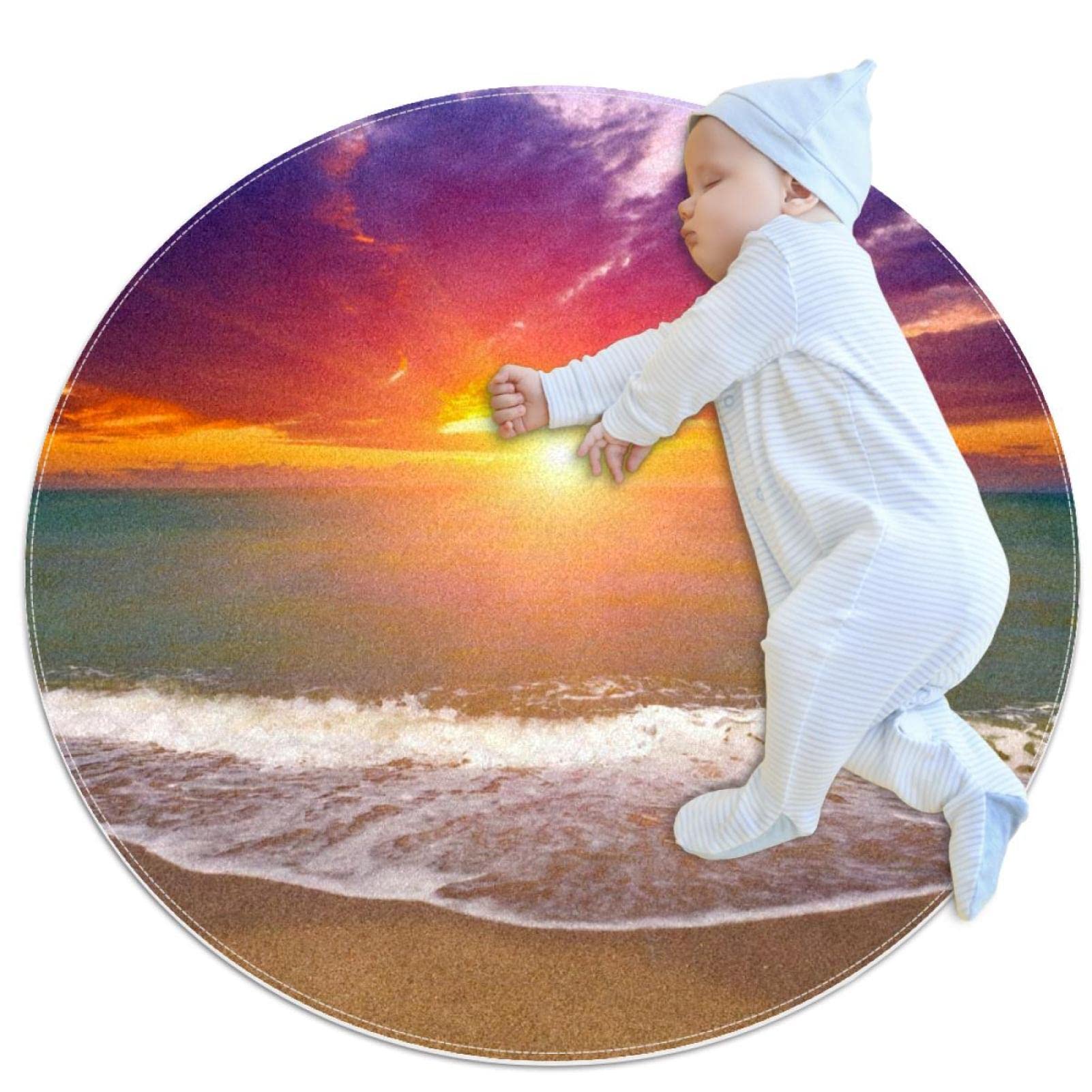 Tapis rond plage coucher de soleil 100cm anti-sol froid salon