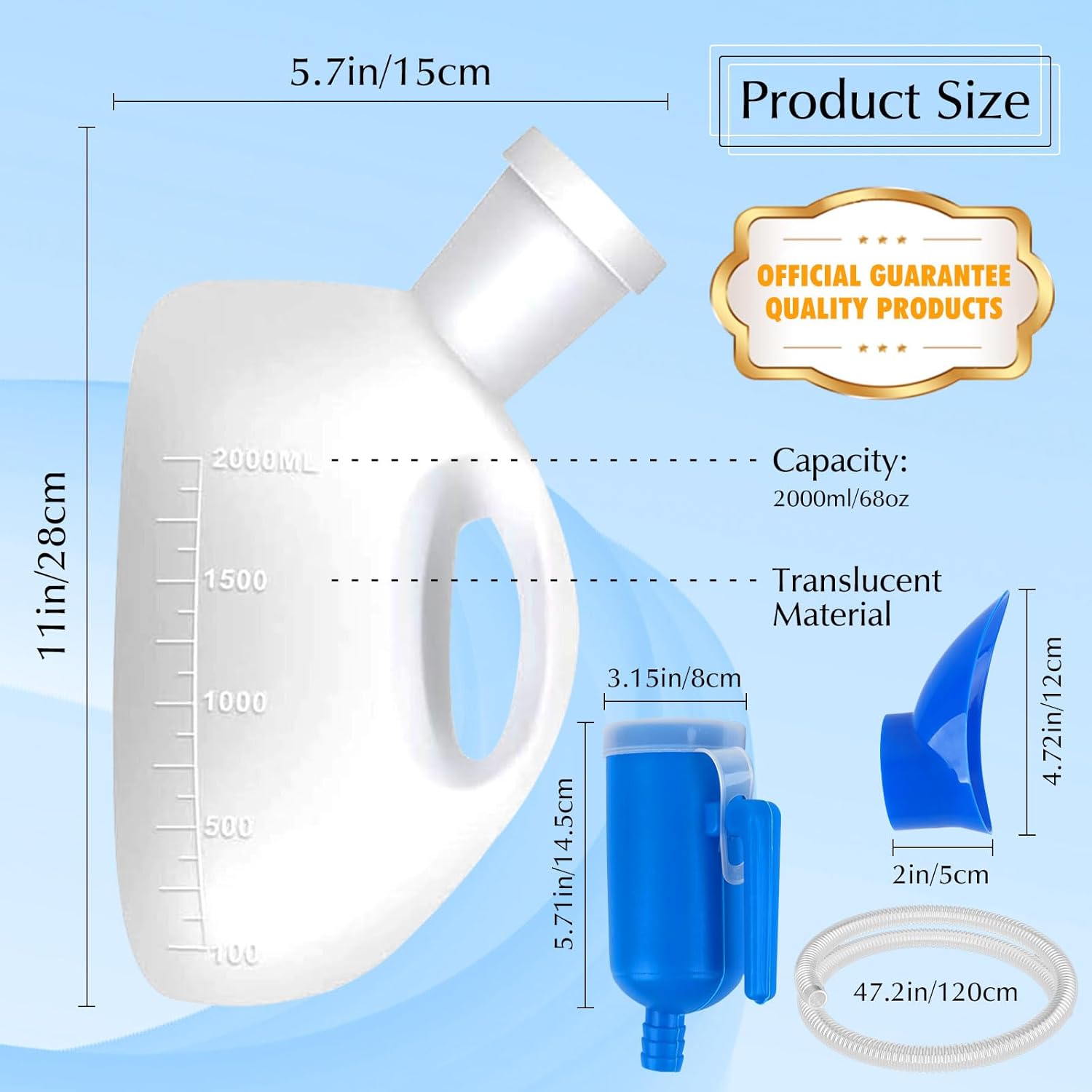 Diagram showing the dimensions of the urinal bottle and female adapter, along with the 2000ml capacity and translucent material.