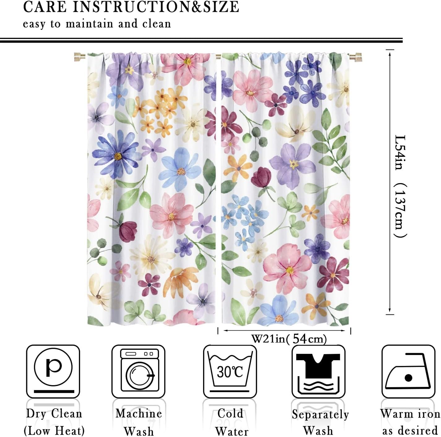 Floral Blackout Curtains, Spring Watercolor Flower Plant Rustic Modern Style Pattern for Bedroom Living Room, 2 Panel Set,42X54 Inch