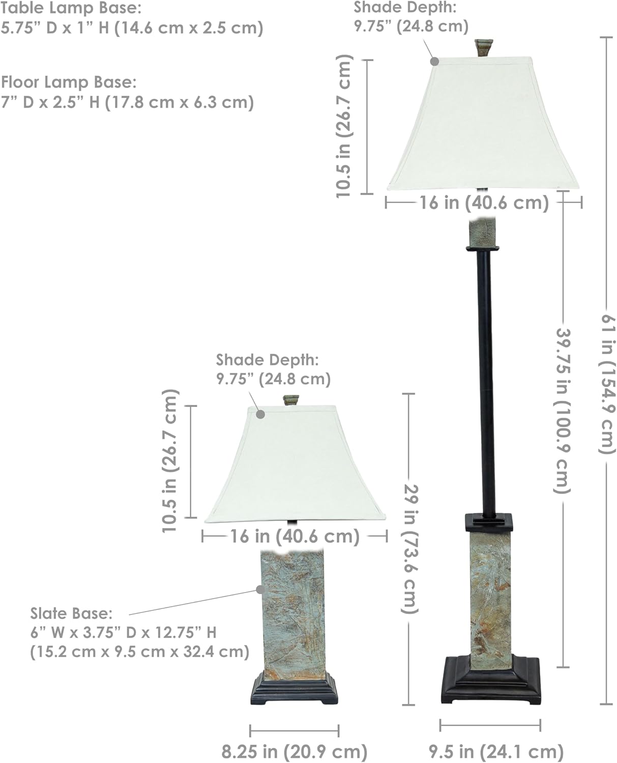 Sunnydaze Timeless Abode Slate 3-Piece Floor and Table Lamp Set - Matching Indoor Stone Lamp Set of 3 - Plug-in Electric - Bulb Included