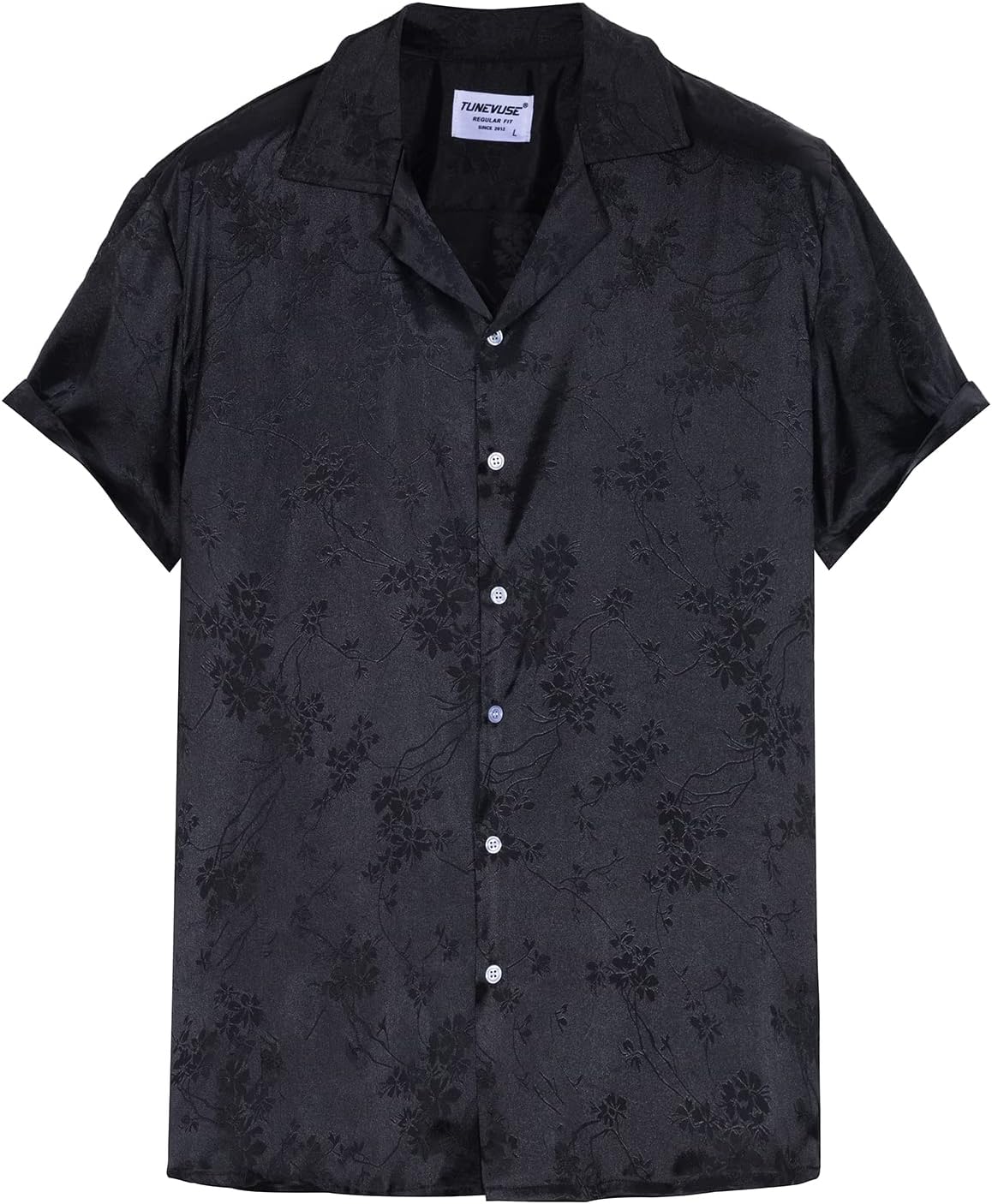 TUNEVUSE Men Satin Shirt Shiny Short Sleeve Floral Button Down Jacquard Dress Summer Solid Shirt Tops S-5XL - Image 5