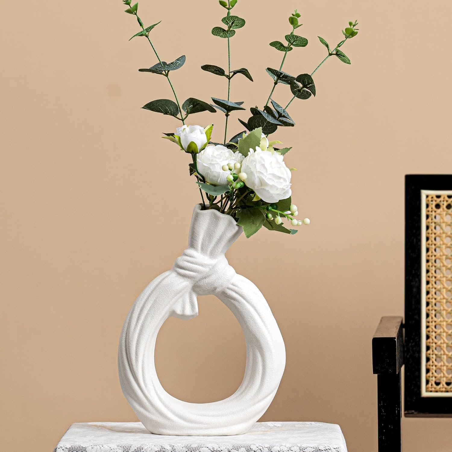 White Ceramic Vase with Knot & Loop Design - 10" Unique Flower Vase for Pampas Grass & Centerpieces, Decorative Boho/Farmhouse Vase for Living Room, Office Desk & Housewarming Gift (for Her/Yourself)