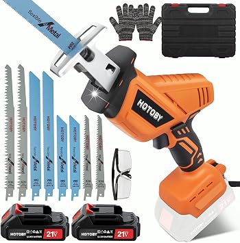 Reciprocating Saw, Cordless, Electric Reciprocating Saw with 2 Batteries, Includeds 8 Blades Kit, Tool-free Blade Change, Variable Speed, Multi-Purpose, For DIY Wood Metal PVC Cutting Orange