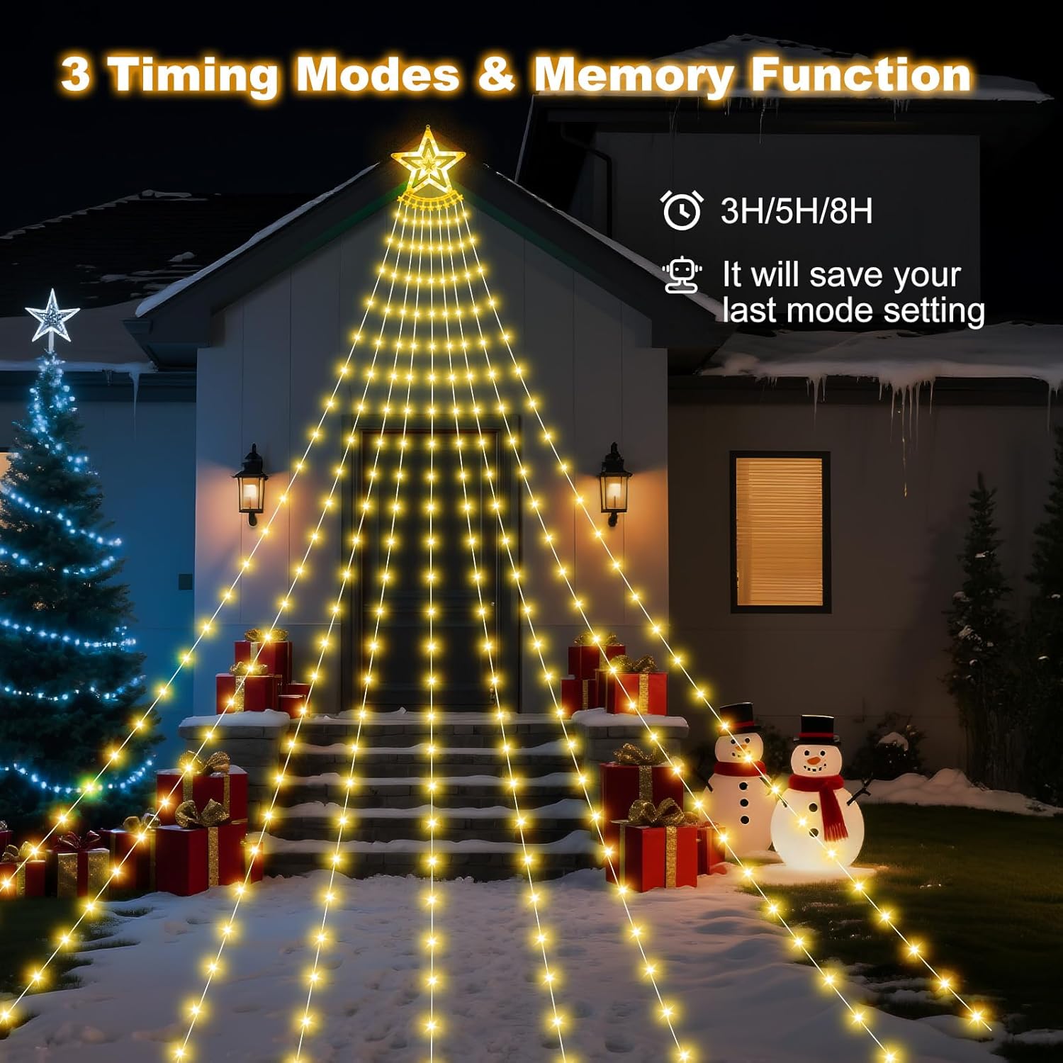 Solar Christmas Decorations Tree Lights Outdoor, 18.37ft 532LED Waterfall String Lights with 8 Modes Timer Remote Xmas Lights USB Powered for Garden Yard Patio Home Holiday Party Decor, Warm White