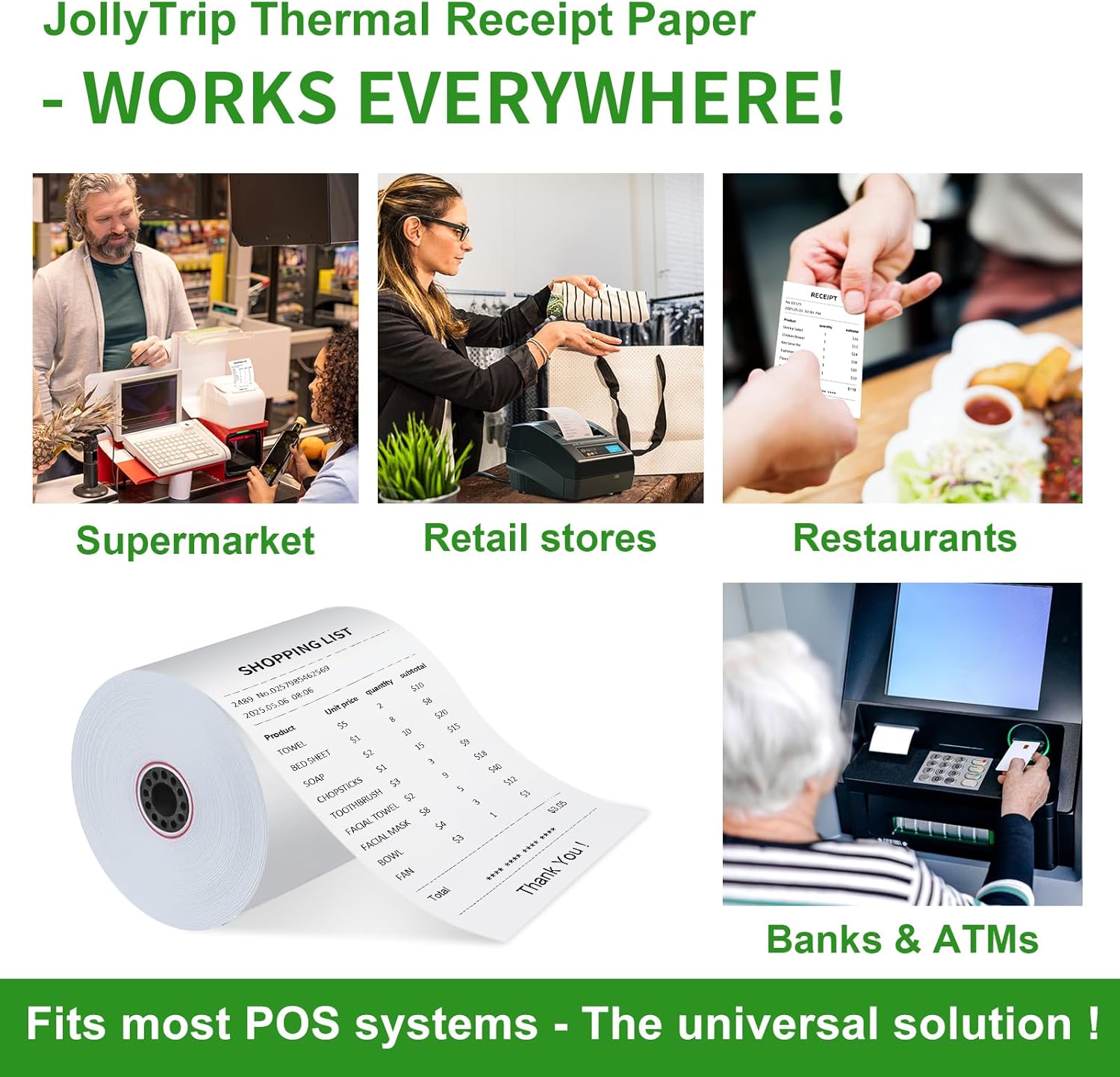 (50 Pack)3 1/8 x 230 Thermal Paper Receipt Rolls,JollyTrip 55 GSM Premium Quality, BPA Free Thermal Receipt Paper 3 1/8 x 230 Rolls Compatible with Most POS Systems, Cash Registers