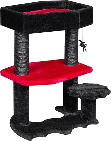BEWISHOME Gothic Cat Tree with Coffin Cat Bed Goth Cat Tower Coffin Cat Tree with Scratching Post, Spider Hanging Ball Halloween Black Red Pet Furniture MMJ94R