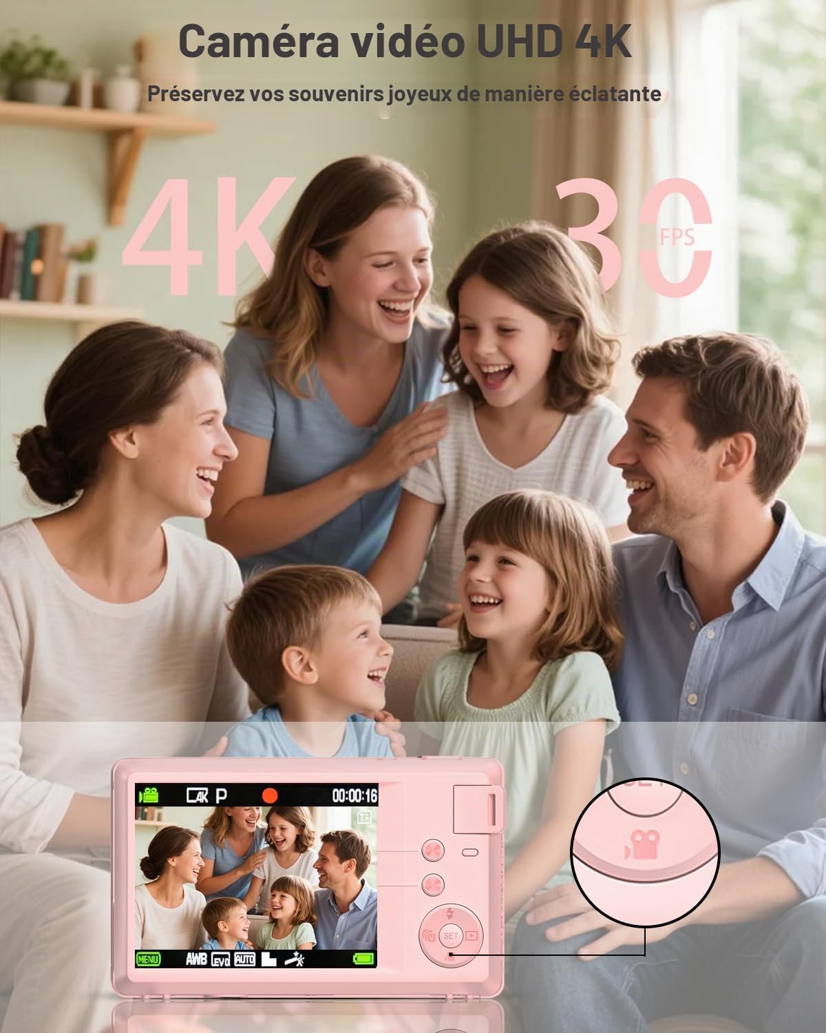 Longyi Appareil Photo numérique 4K 48 MP avec Carte SD 32 Go, Zoom numérique 16x, Appareil Photo Compact avec câble USB, Sac Portable pour Enfants, débutants, Adolescents et étudiants - Rose