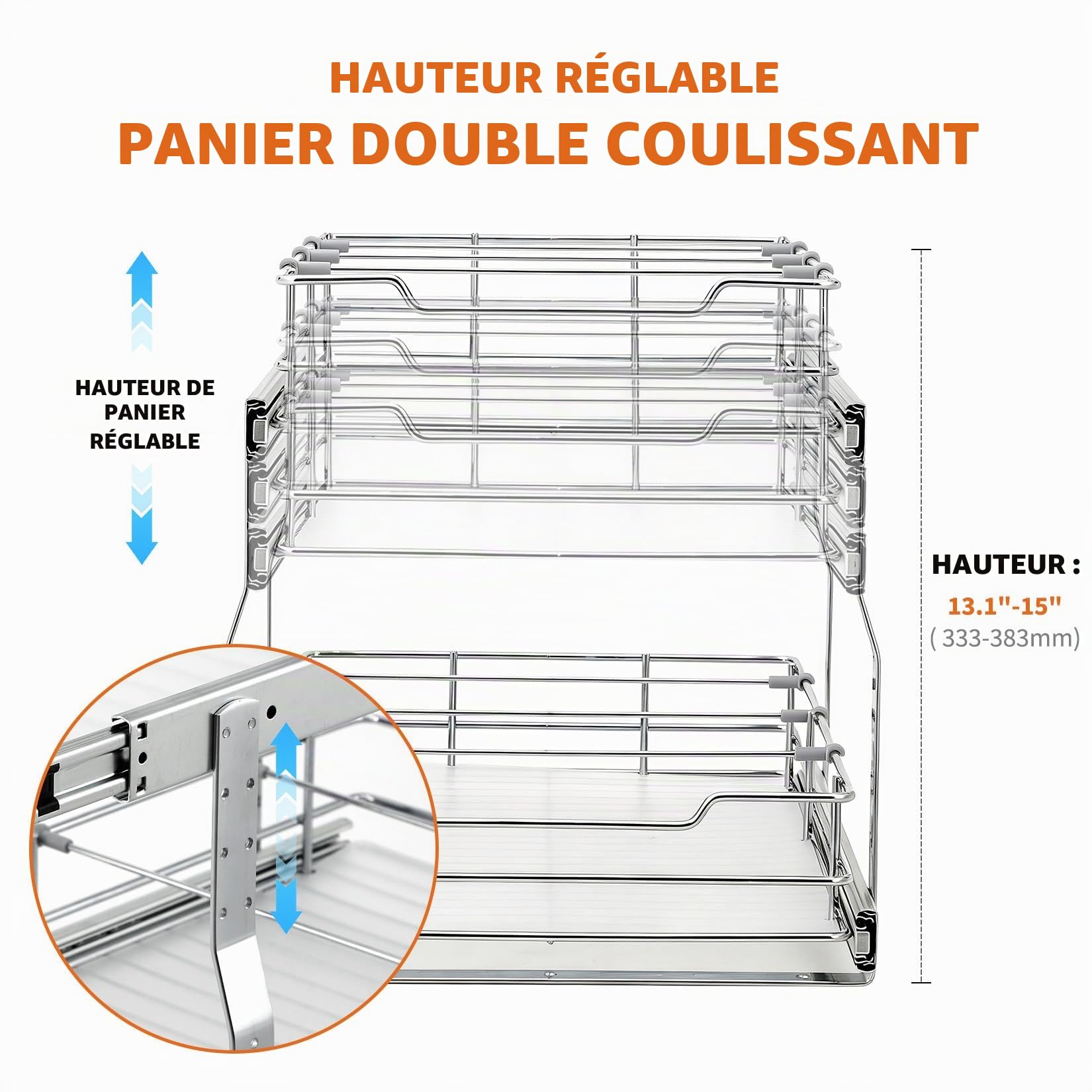 Panier coulissant 2 niveaux pour placard de cuisine, tiroir extractible avec glissières à billes, acier carbone électroplaqué, gain de place, 20x21, Double-layer guide rail, Carbon steel