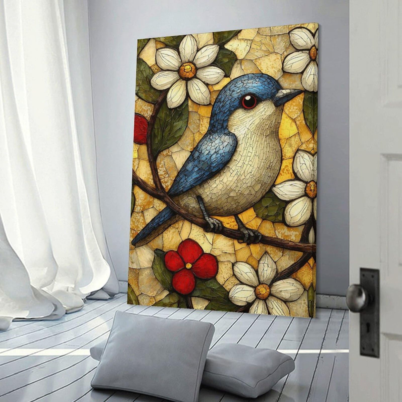 Junmoney Frame-Style-19 Mosaic Bird On Branch Canvas Wall Decor, 24X36inch(60X90cm), For Wall Displays, Bedrooms Or Room Updates, Wall Decor Suited To Curated Displays
