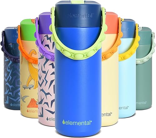 Miniatura 10 de Elemental Botella de agua aislada para niños, botella de agua de acero inoxidable con tapa de popote y asa Pop-it, botellas de agua a prueba de