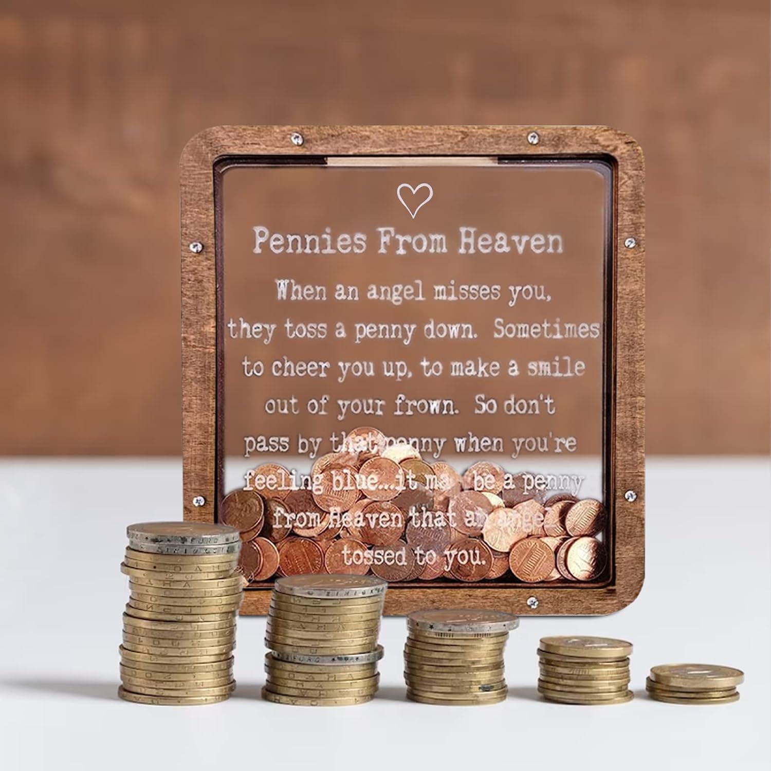 Pennies from Heaven Wooden Piggy Bank, Personalized Shadow Coin Bank, Paradise Bank Memorial Gift, Large, Blue