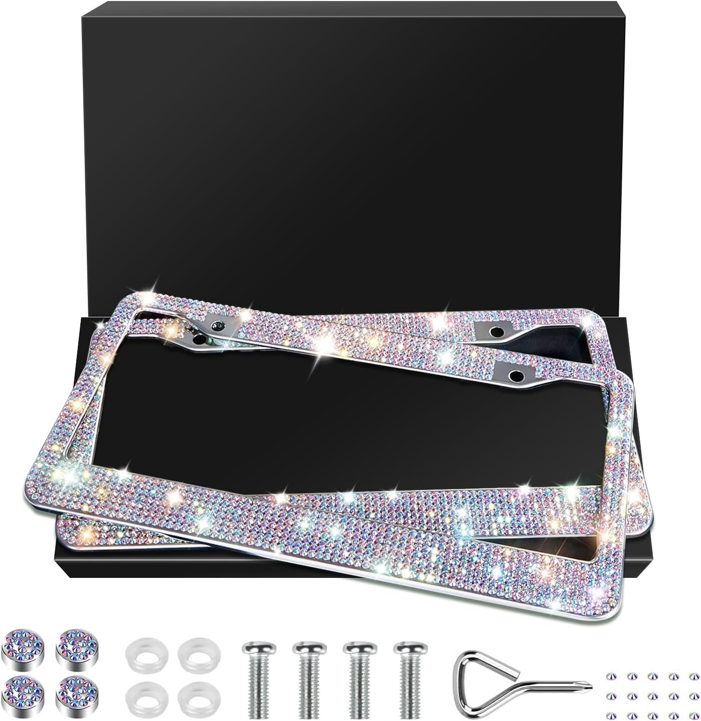 2 Pack Bling License Plate Frames, Sparkly Rhinestone Diamond Car License Plate Frame for Women (Colorful)