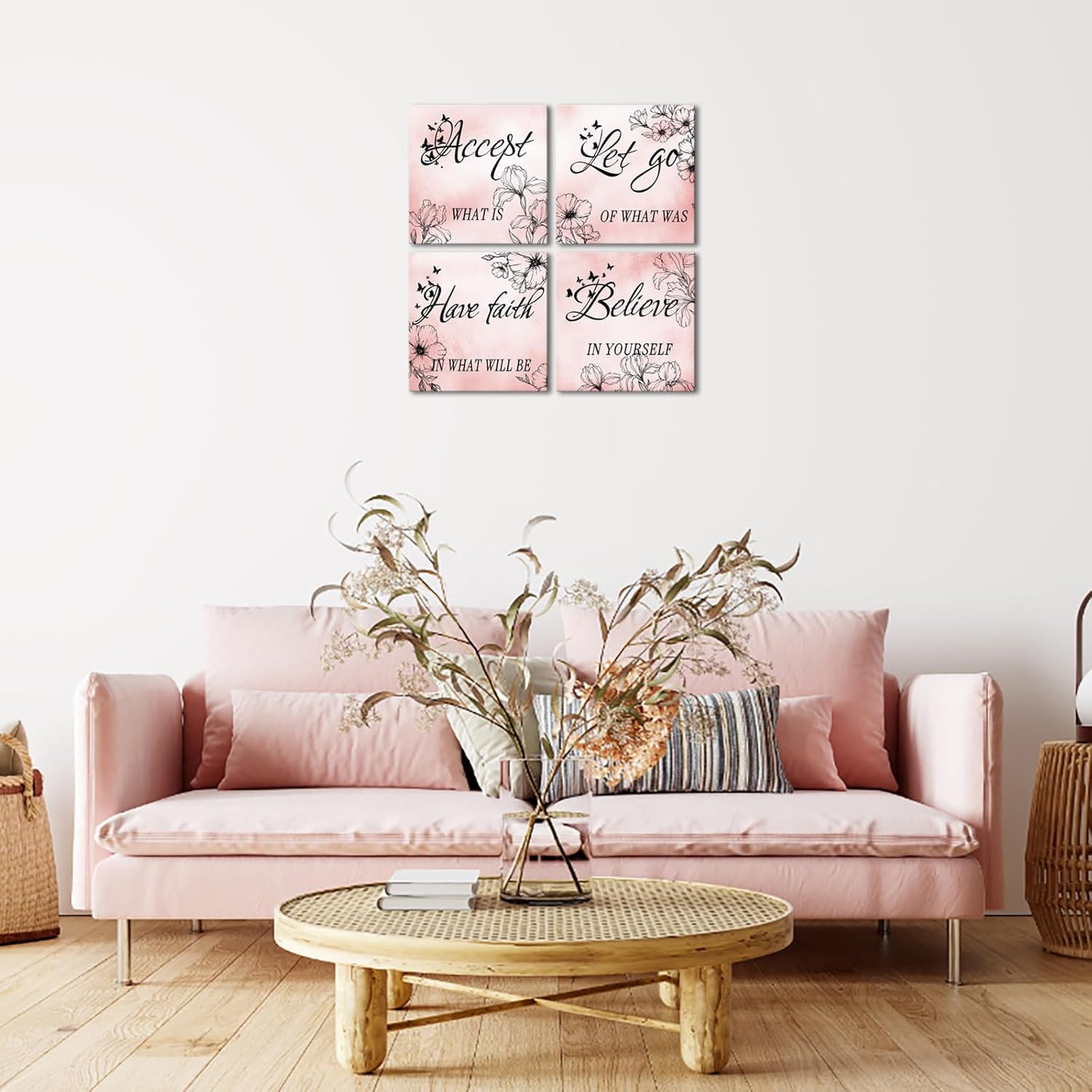 LoveHouse Floral Inspirational Wall Art Accept Let Go Have Faith Believe Canvas Prints 12"x12" 4pcs (Pink)