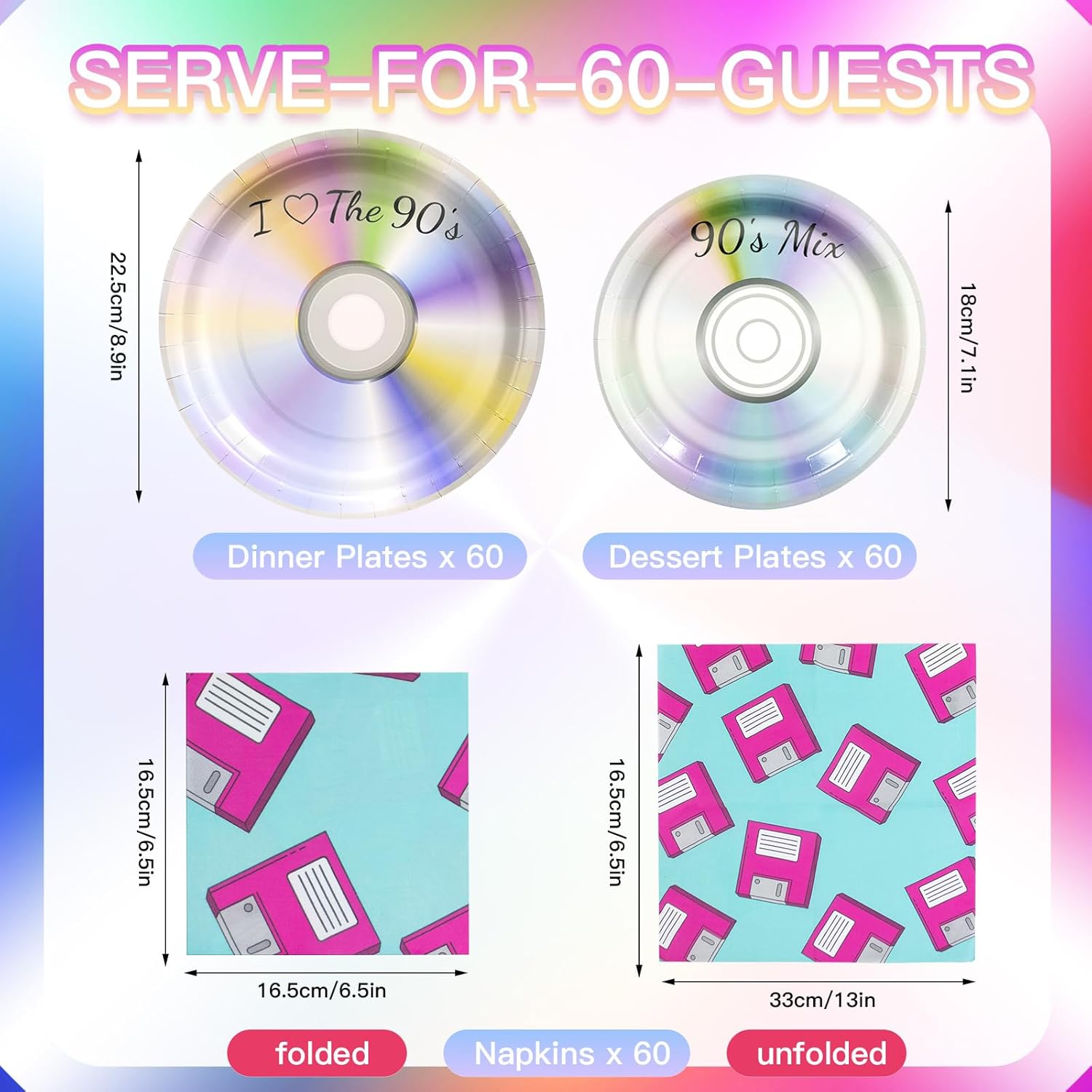 180PCS 90s Party Decorations – Retro CD Themed Tableware Set with Disposable Paper Plates and Napkins for 90's Mix I Love the 90s Birthday Party Supplies