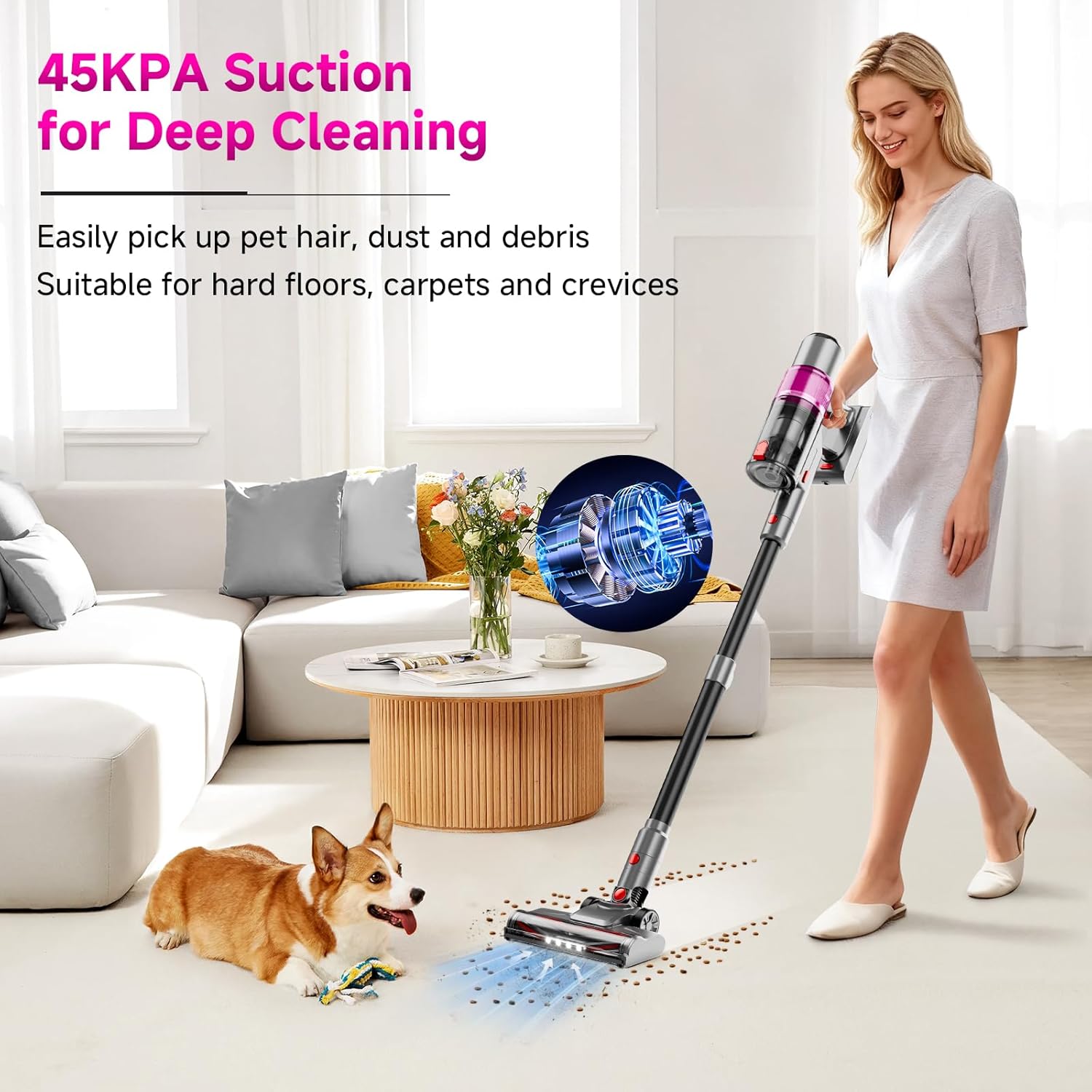 Clinkal Cordless Vacuum Cleaner, Cordless Stick Vacuum Cleaners for Home, Anti-Tangle Brush, Lightweight, 6-in-1 Rechargeable Vacuum for Pet Hair/Carpet/Hard Floor(Purple)