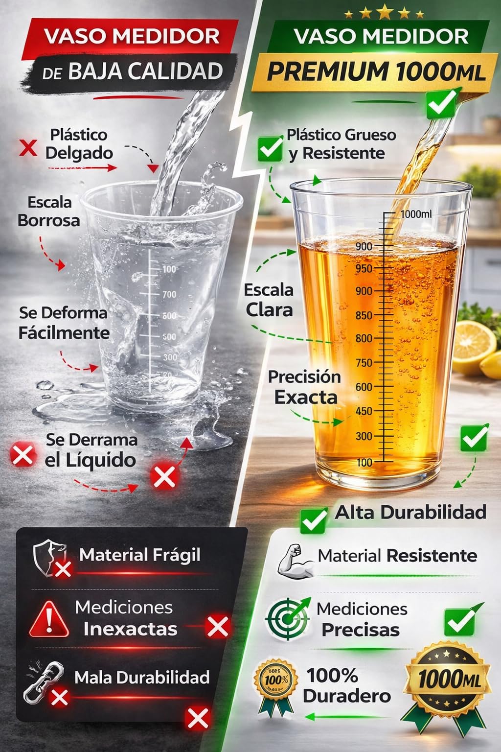 Vaso Batidora de Mano 1000 ml – Jarra Medidora Plástico sin BPA Compatible con Braun, Cecotec
