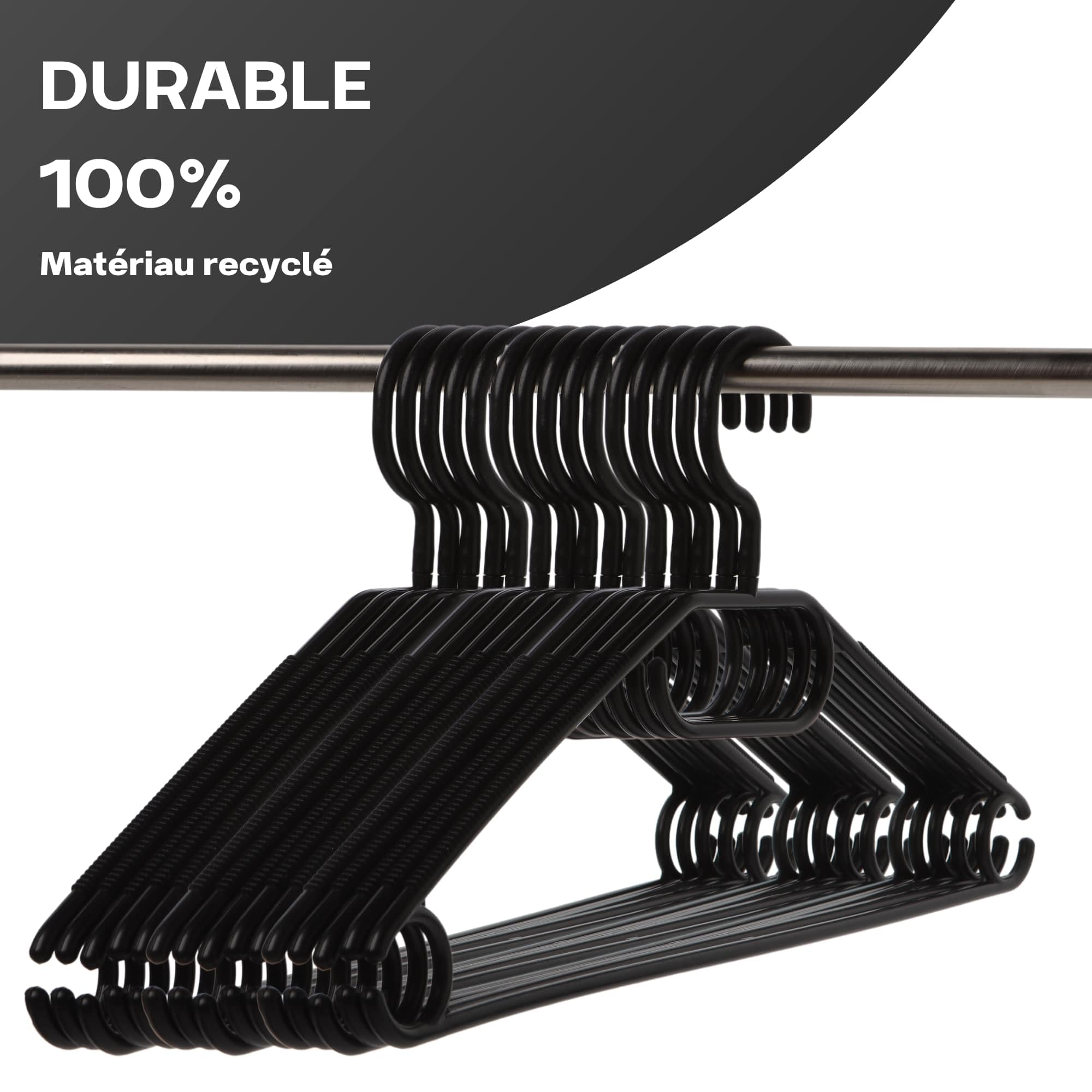Lot de 100 cintres noirs robustes, crochets pivotants 360°, multifonctions en plastique de qualité supérieure, antidérapants, 100% matériaux recyclés