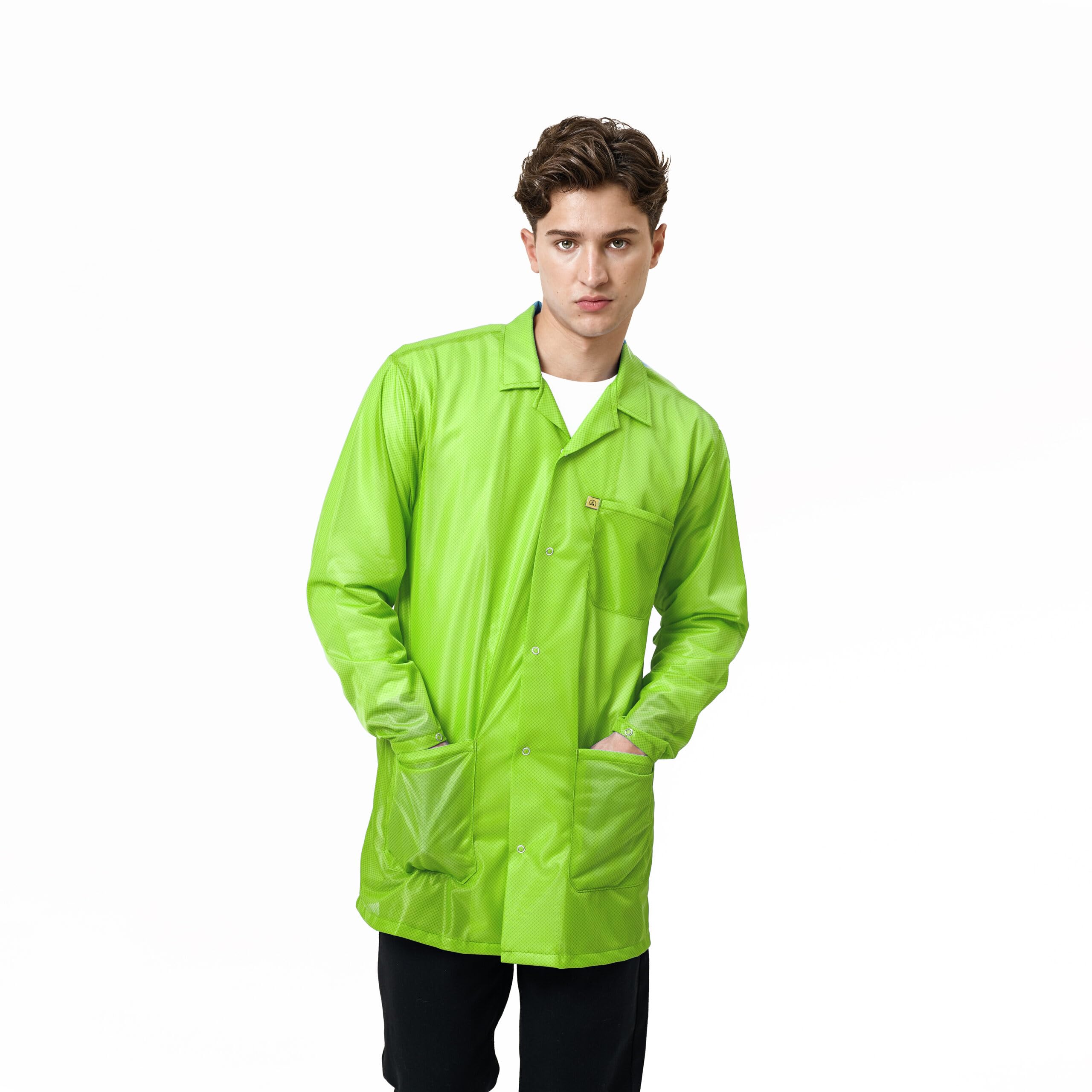 Static Care ESD Jacket, Lapel Collar, Snap Cuff, 90% Polyester, 10% Carbon, Level 3 ESD Smock, Hivis Green, 2XL
