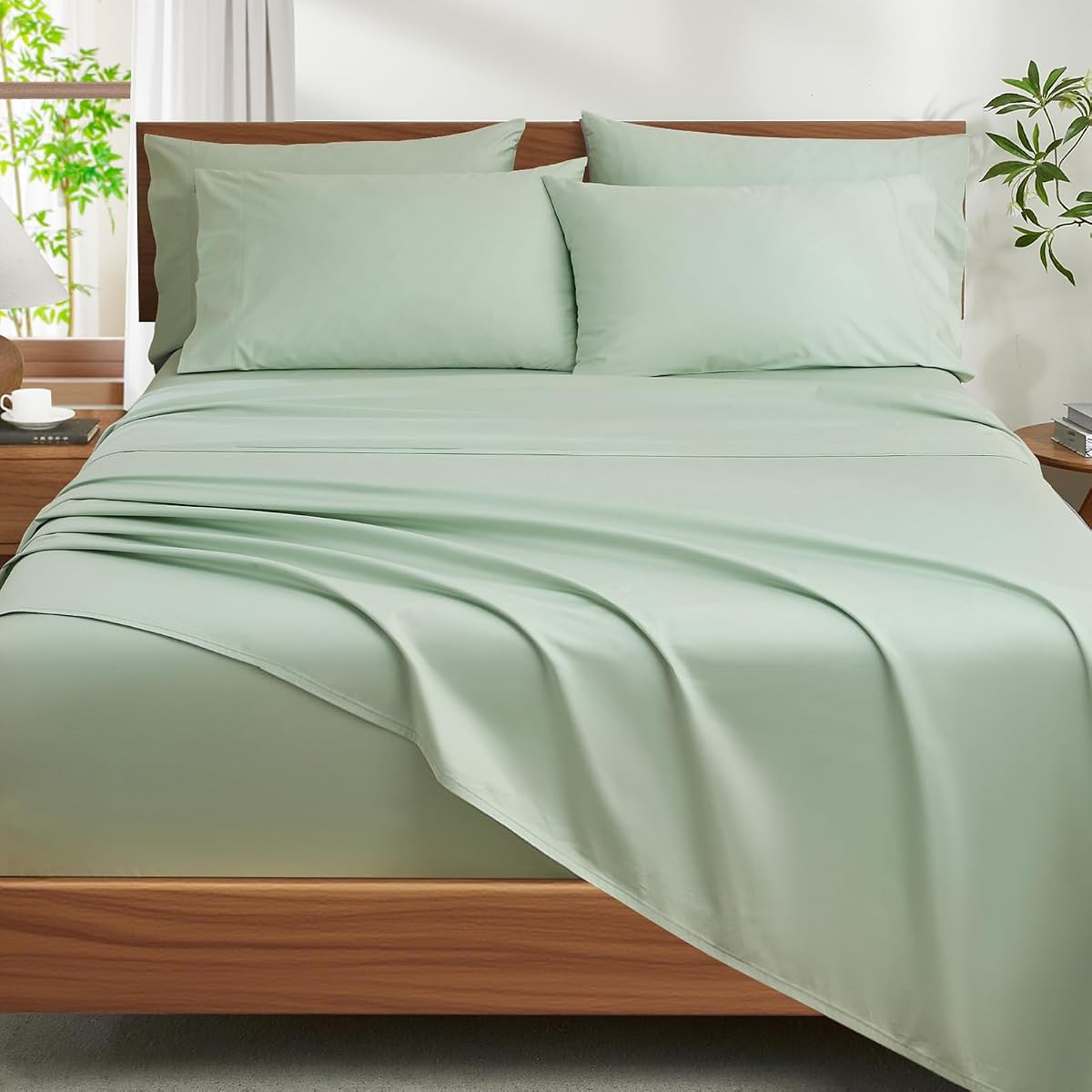 Ivellow 100% Egyptian Cotton Queen Size Sheets Set - 1200 Thread Count 6 PC | 18" Deep Pocket Queen Sheets,Luxury Cotton Bed Sheets Soft Breathable Sage Green Cooling Sheet Sets Hotel Quality Bedding