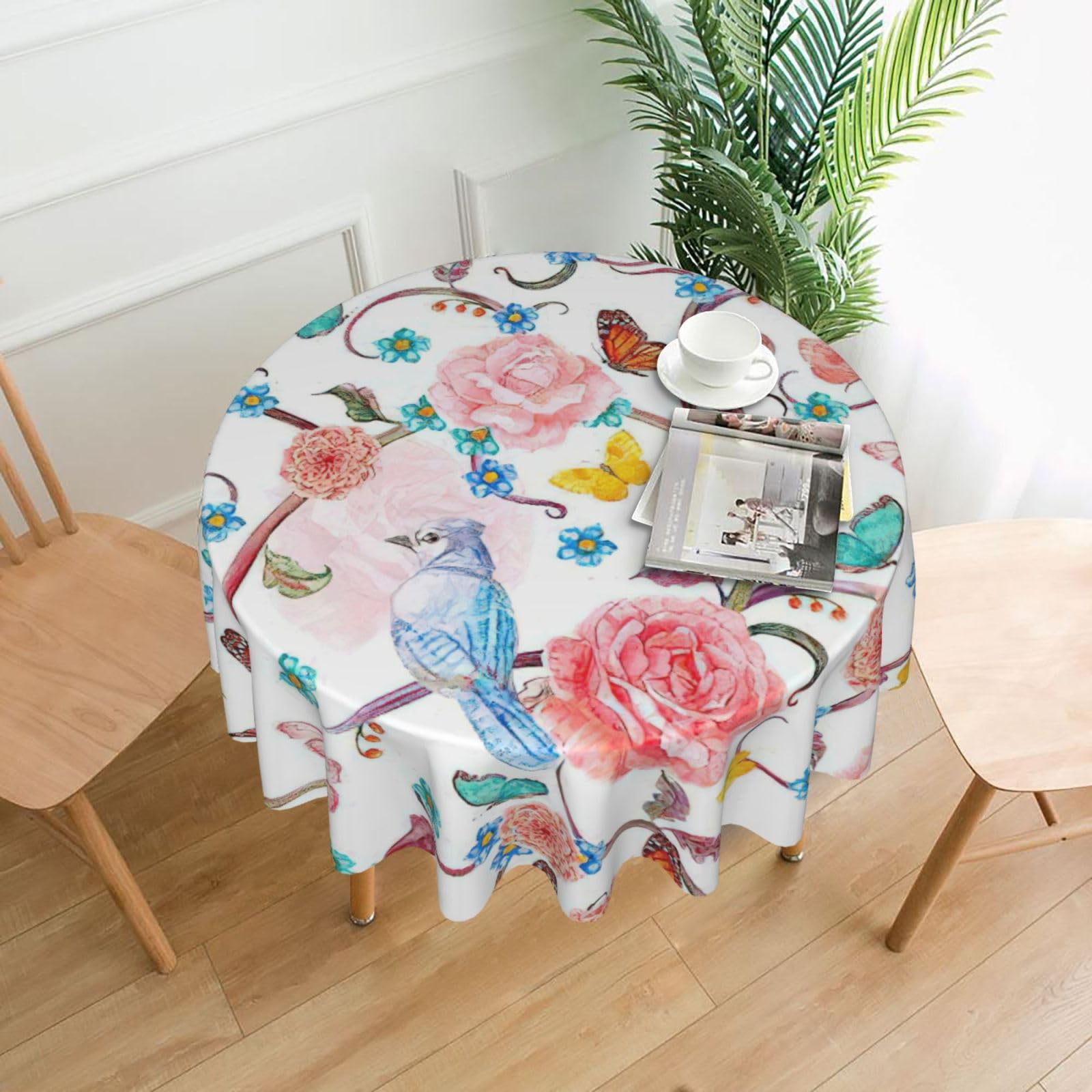 OKFSTY Romantic Fancy Floral Birds Butterfly Print Round Tablecloth 60in for Wedding Elegant Polyester Cover for Party Reception Festive Dinner