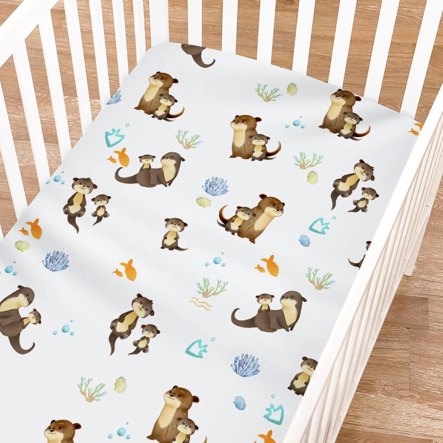 Baby Cute Sea Otter Crib Sheet for Boy Girl 52"x28" Cute Animals Family Soft Crib Mattress Cover Cartoon Sea Animals Breathable Fitted Nursery Bed Sheets Fits tandard Crib and Toddler Mattress Pads