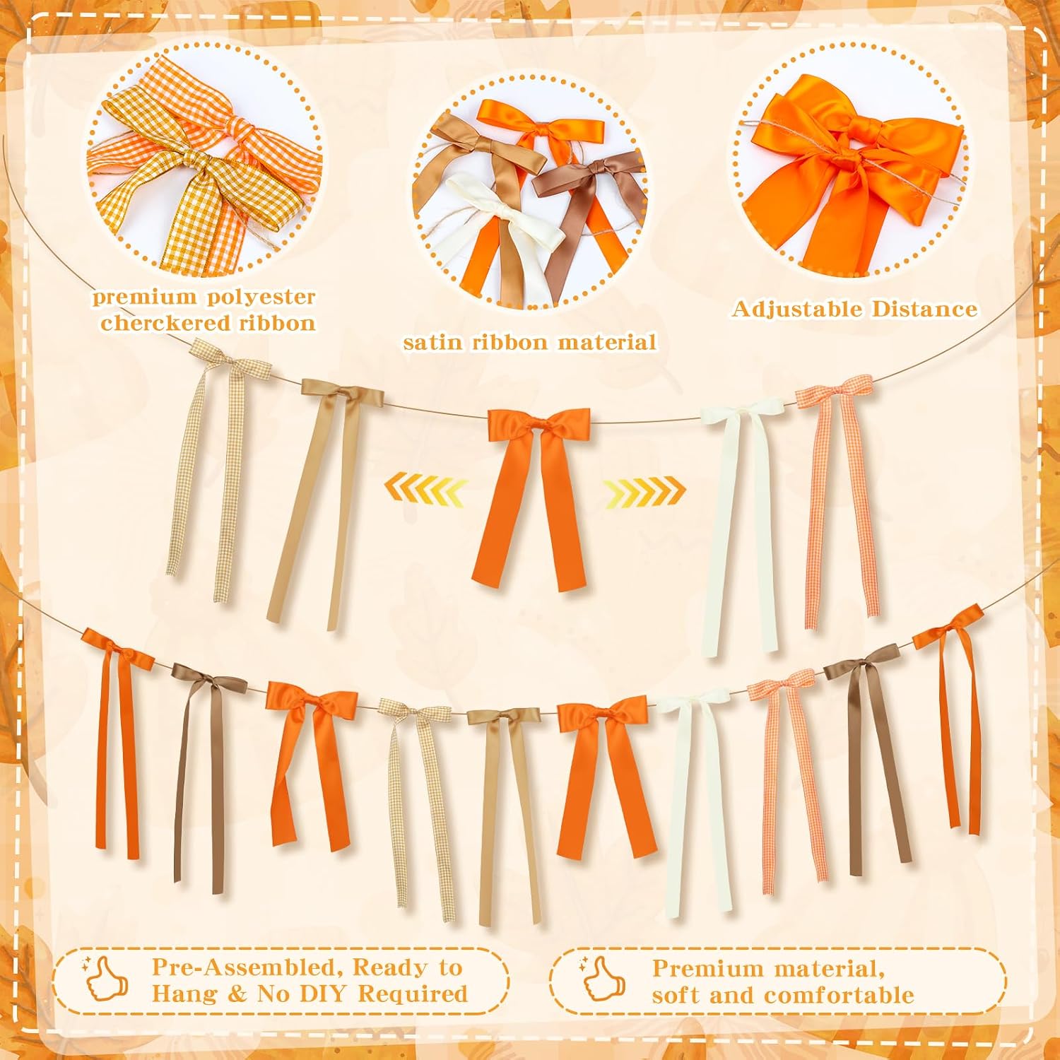 Fall Bow Garland, Fall Mantel Bows Garland Thanksgiving Bow Banner Autumn Hanging Garlands Fall Decorations for Home Office Fireplace Mantle Decor, Table Wall Halloween Thanksgiving Farmhouse Decor