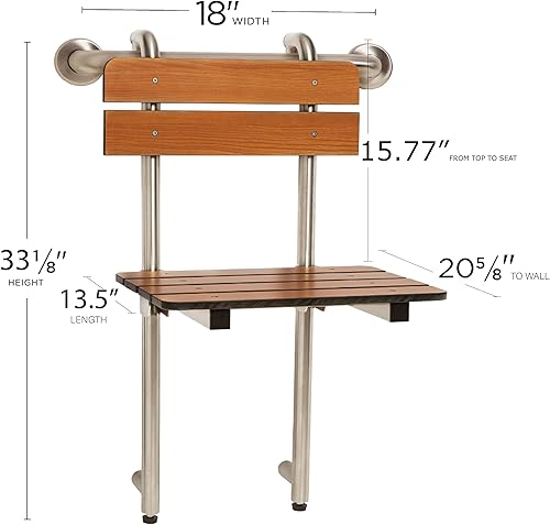 Miniatura 5 de Seachrome Asiento de ducha portátil, banco de perfil, colgado por barra de agarre con respaldo y patas, teca (Modelo SSGBH-180160-PT)