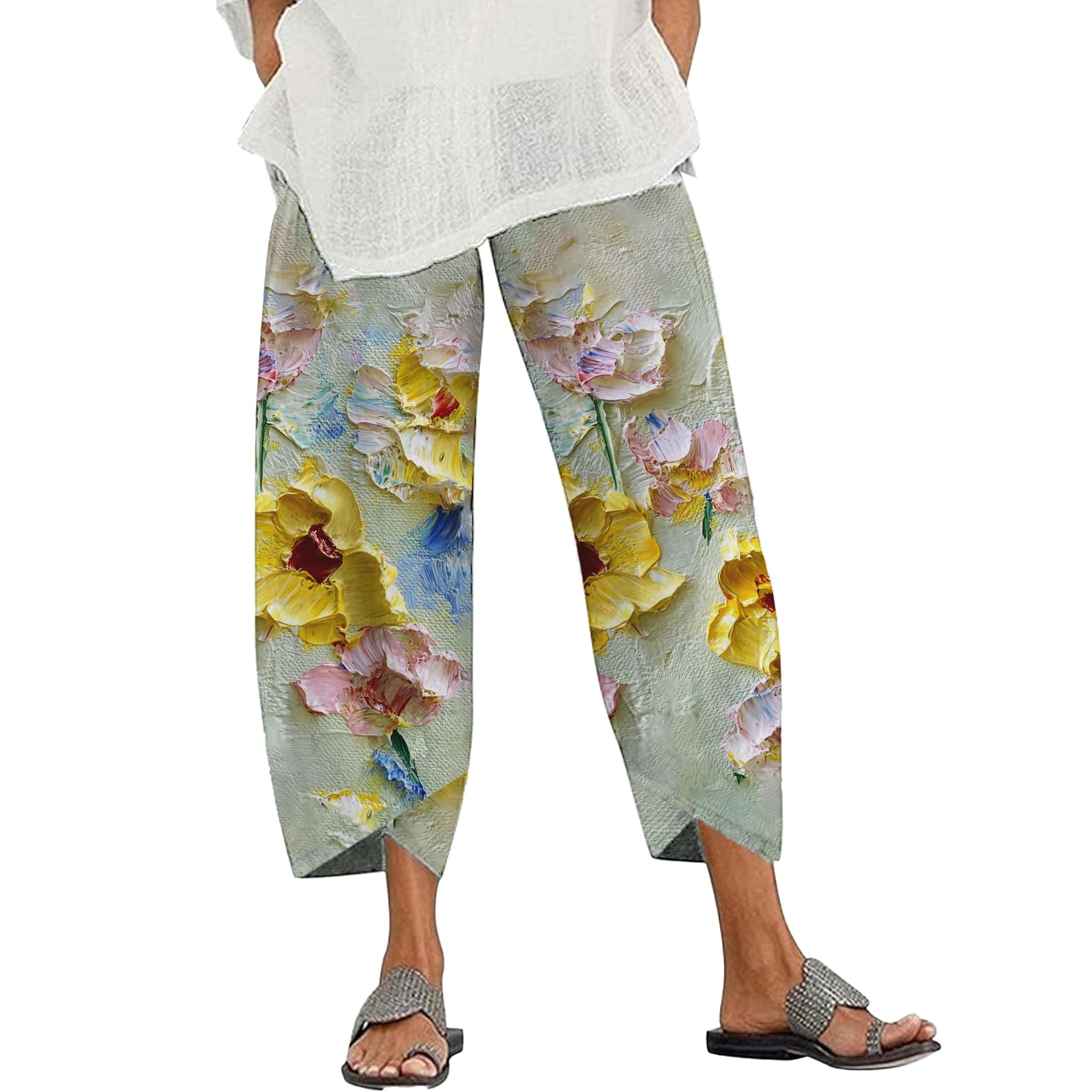 Womens Wige Leg Pants Oil Painting Flower Printed Lantern Trousers Summer Boho Floral Lounge Capri Pants with Pockets