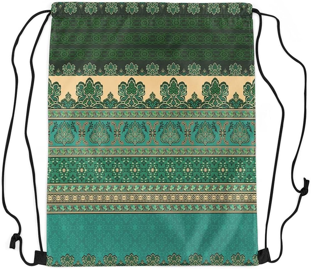 Manfei Boho Floral Drawstring Gym Bag,Paisley Striped Foldable Waterproof Drawstring Backpack,Ethnic Bohemian Draw String Back Bags for Shopping,Swimming,Beach,Indigo